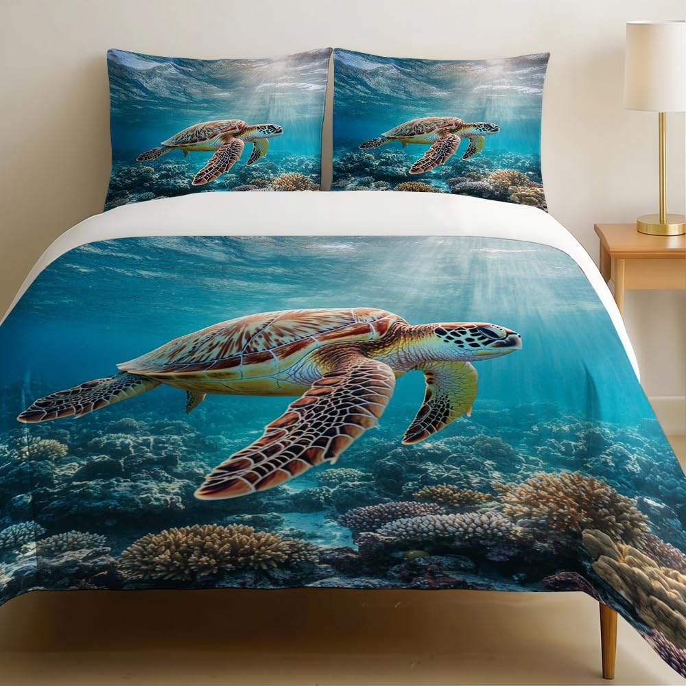 Housse de couette 220x240 tortues marines parure de lit ado bleu ensemble literie
