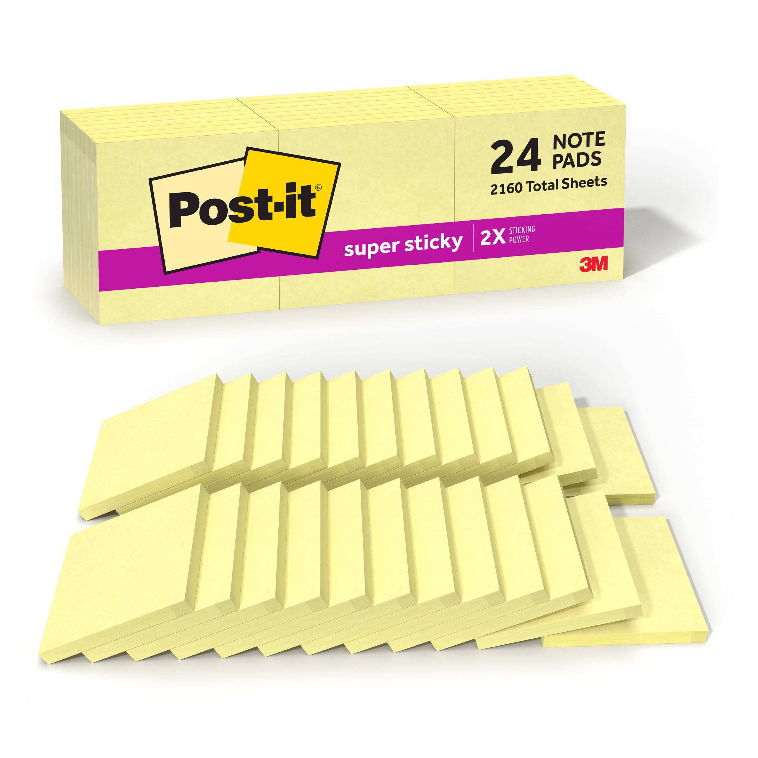 Post-it Super Sticky Notes, 24 Haftnotizblöcke, 7,6 x 7,6 cm, Schulbedarf, Büroprodukte, Haftnotizen für vertikale Oberflächen, Monitore, Wände und Fenster, Kanariengelb