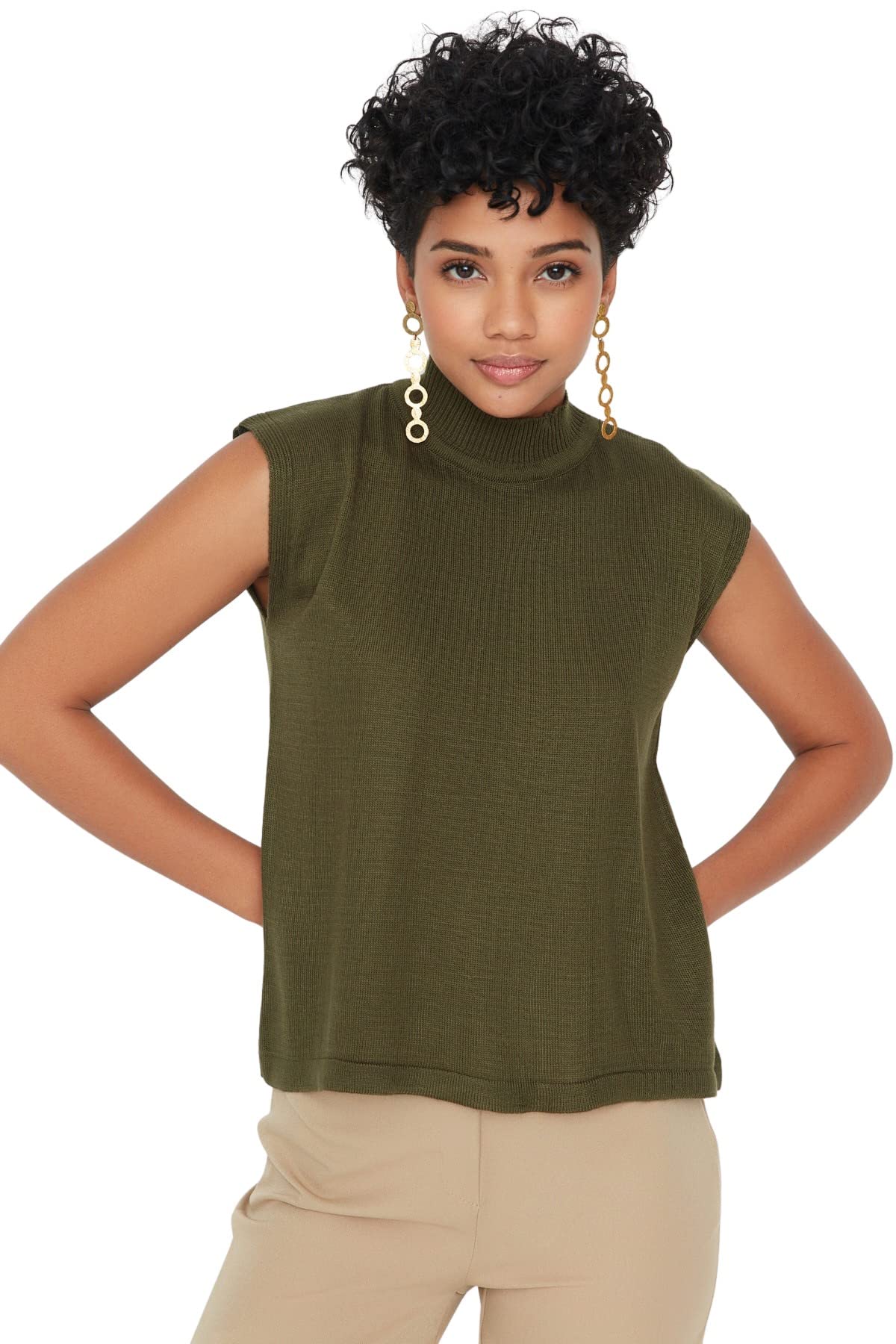 Trendyol Damen Khaki Red Collar Knitwear Sweater, S Eu