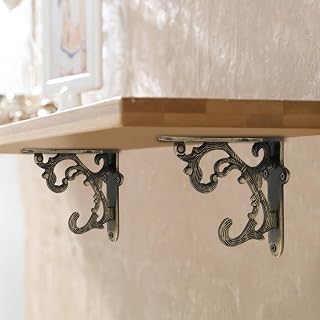 Metal Handcrafted Shelf Bracket for Floating Shelves L Angle Decorative L Shaped Corner Brace Joint Heavy Duty Wall Mounted Shelf Supporter Corner Brace Holder (Pack of 2, Brass Antique)