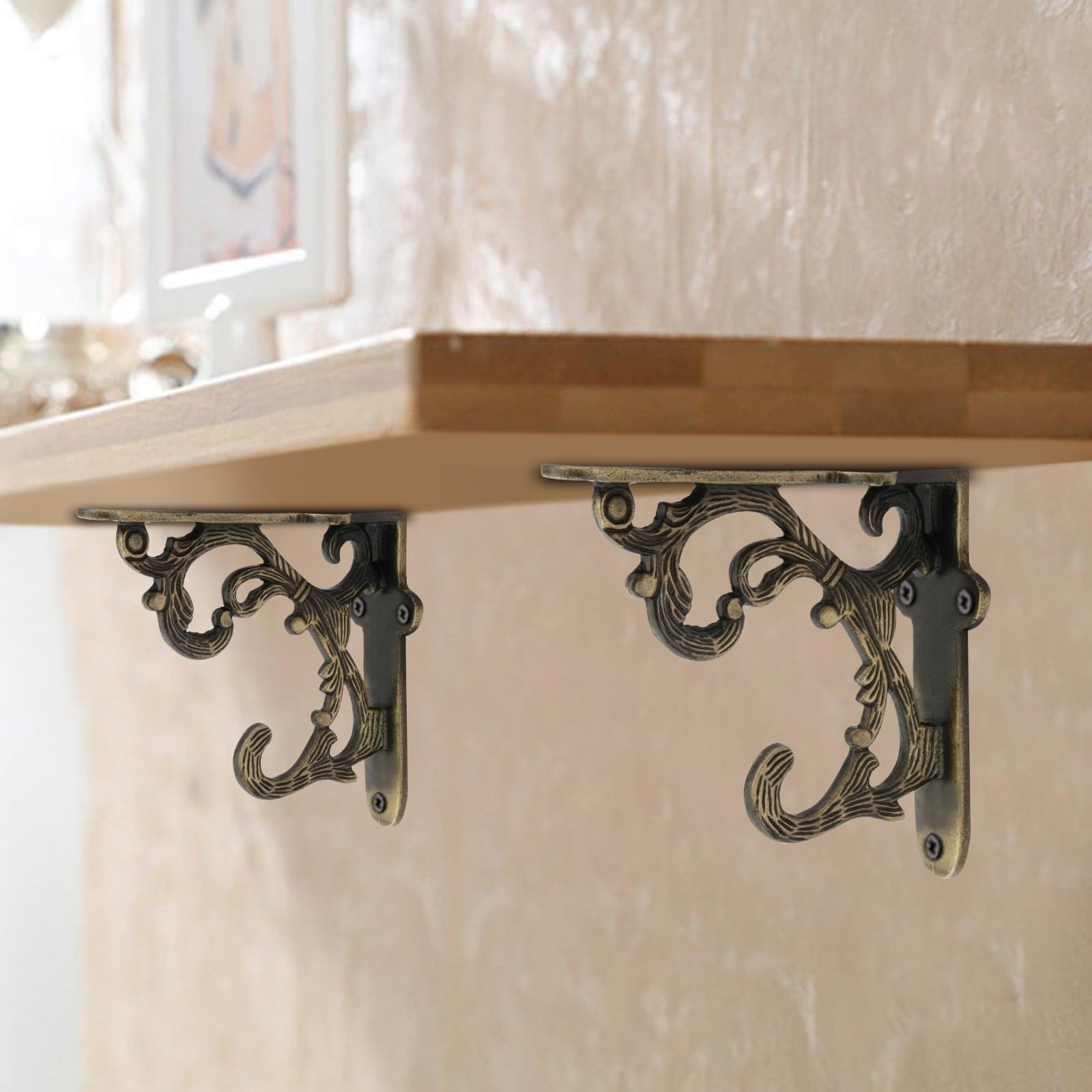 Metal Handcrafted Shelf Bracket for Floating Shelves L Angle Decorative L Shaped Corner Brace Joint Heavy Duty Wall Mounted Shelf Supporter Corner Brace Holder (Pack of 2, Brass Antique)