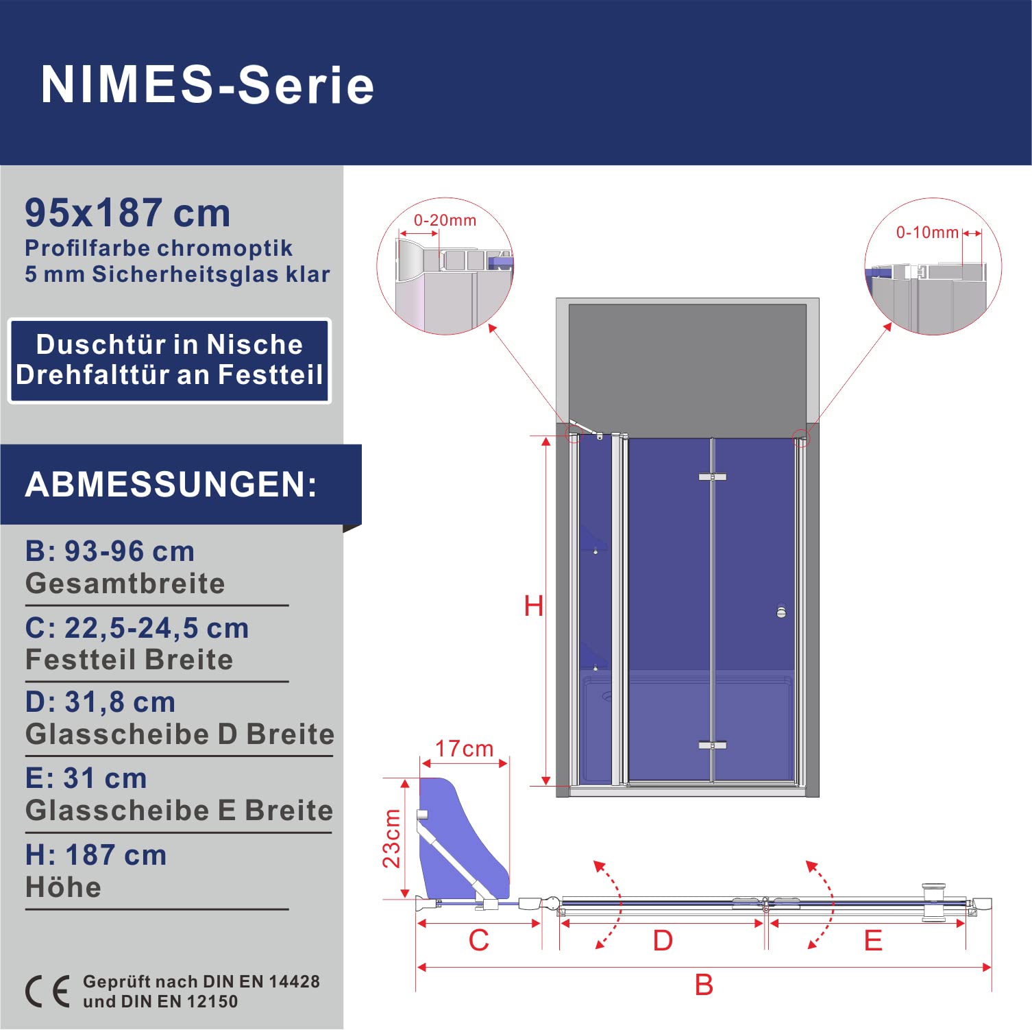 Duschtür Nische faltbar Falttür Nischentür Dusche 95 cm Duschabtrennung Glas Pendeltür Schwingtür Duschkabine mit Duschablage aus 5mm ESG Sicherheitsglas Verstellbereich von 93-96 cm Höhe 187 cm