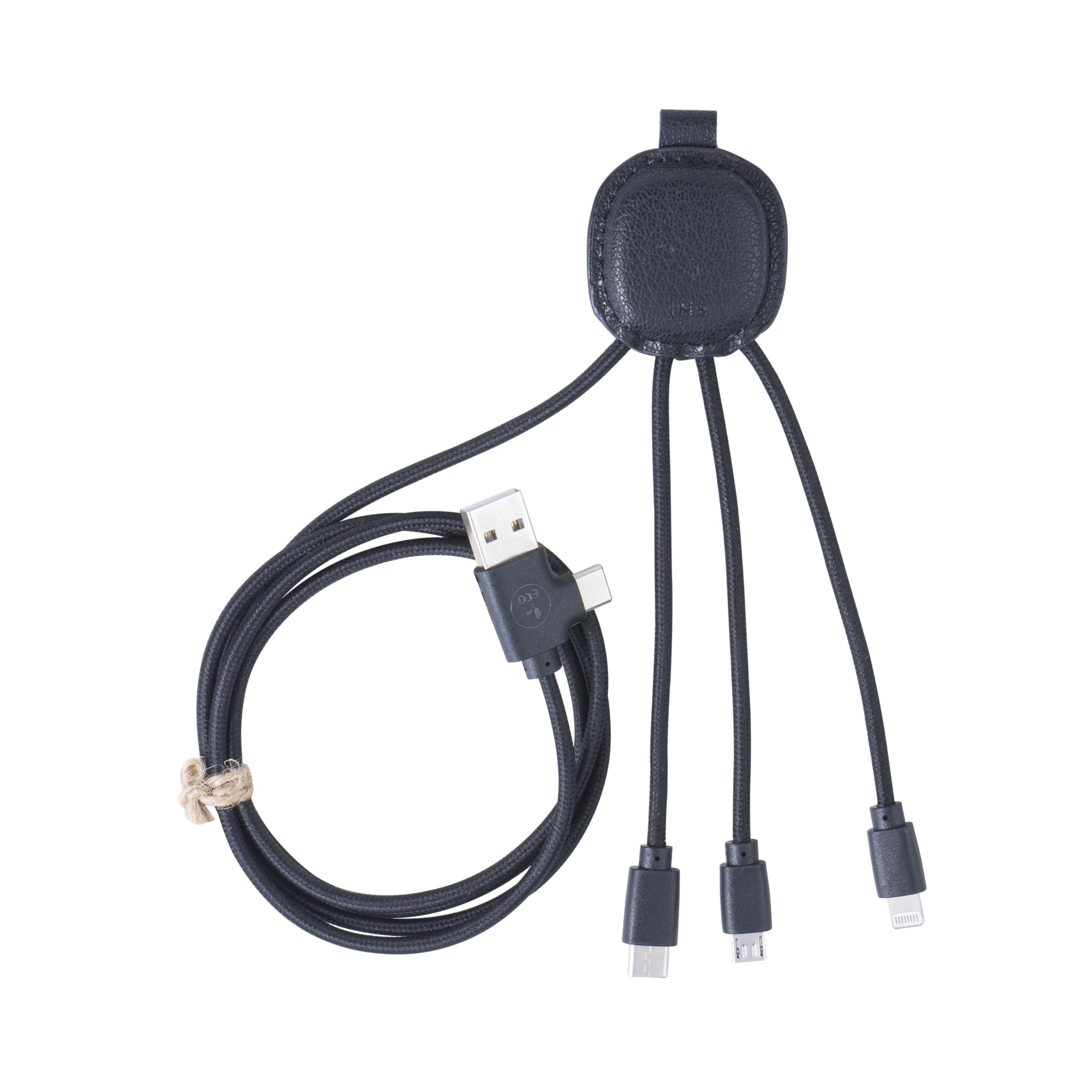 Xoopar Kabel Multi USB 4 w 1 USB-C, USB, Lightning, Micro USB - Iné Smart Long 1m - Skórzana funkcja NFC z recyklingu do ładowania smartfonów iPhone, Samsung, Huawei, Xiaomi, LG, czarny