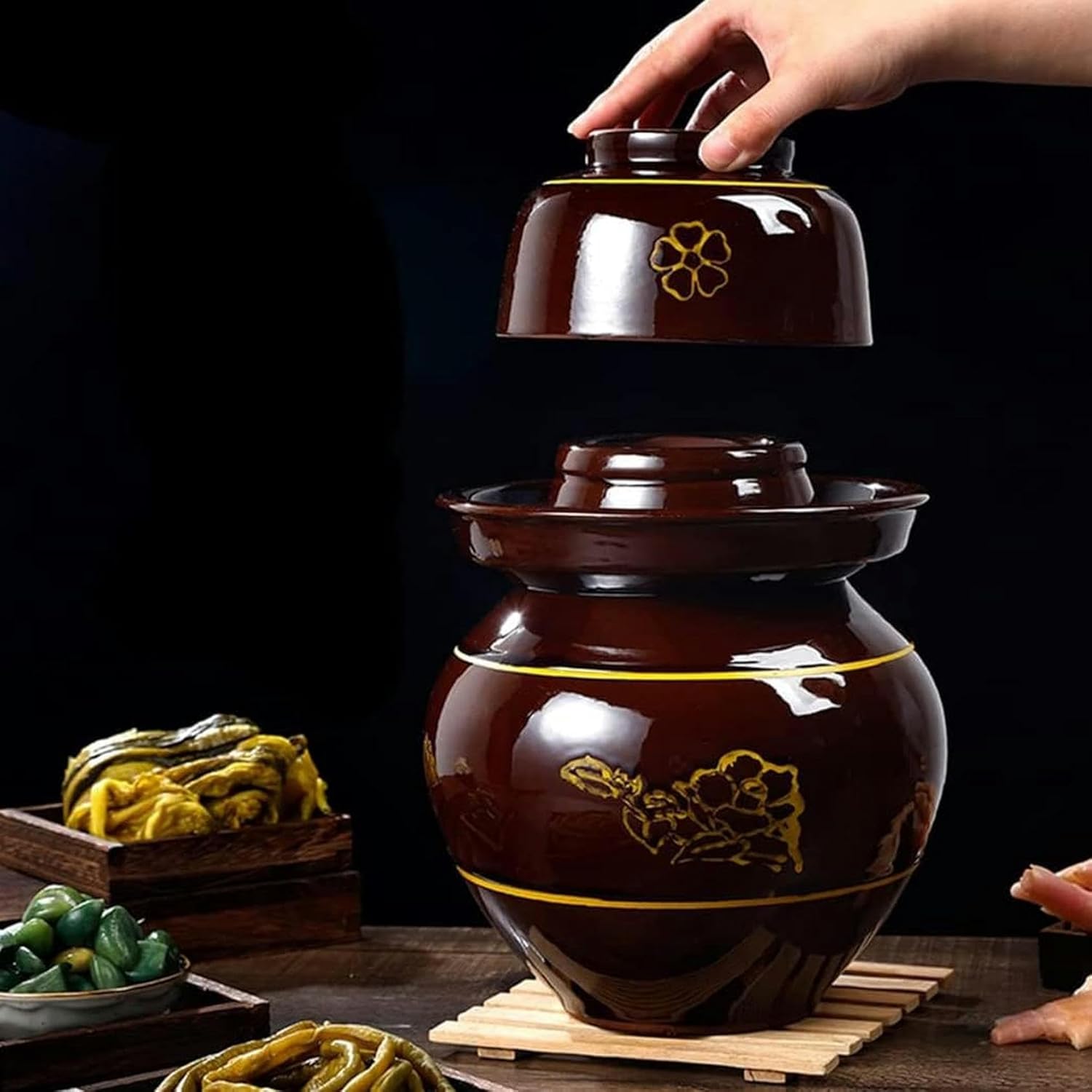 Traditional Chinese Porcelain Pickle Jar, Thickened Ceramic Fermentation Crock Pickling Pot,Fermenting Jar with Water Seal Airlock Lid Stoneware Fermenter for Kimchi L*1