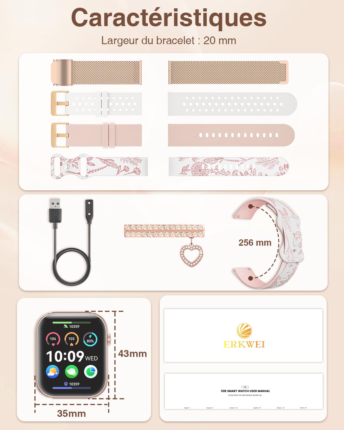 Montre Connectée Femme avec Appel Bluetooth 4 Bracelets 1.83" HD Smartwatch Femme avec Fréquence Cardiaque Sommeil Féminine 110+ Modes Sportifs Podomètre Tracker d'activité pour Android iOS, Or rose
