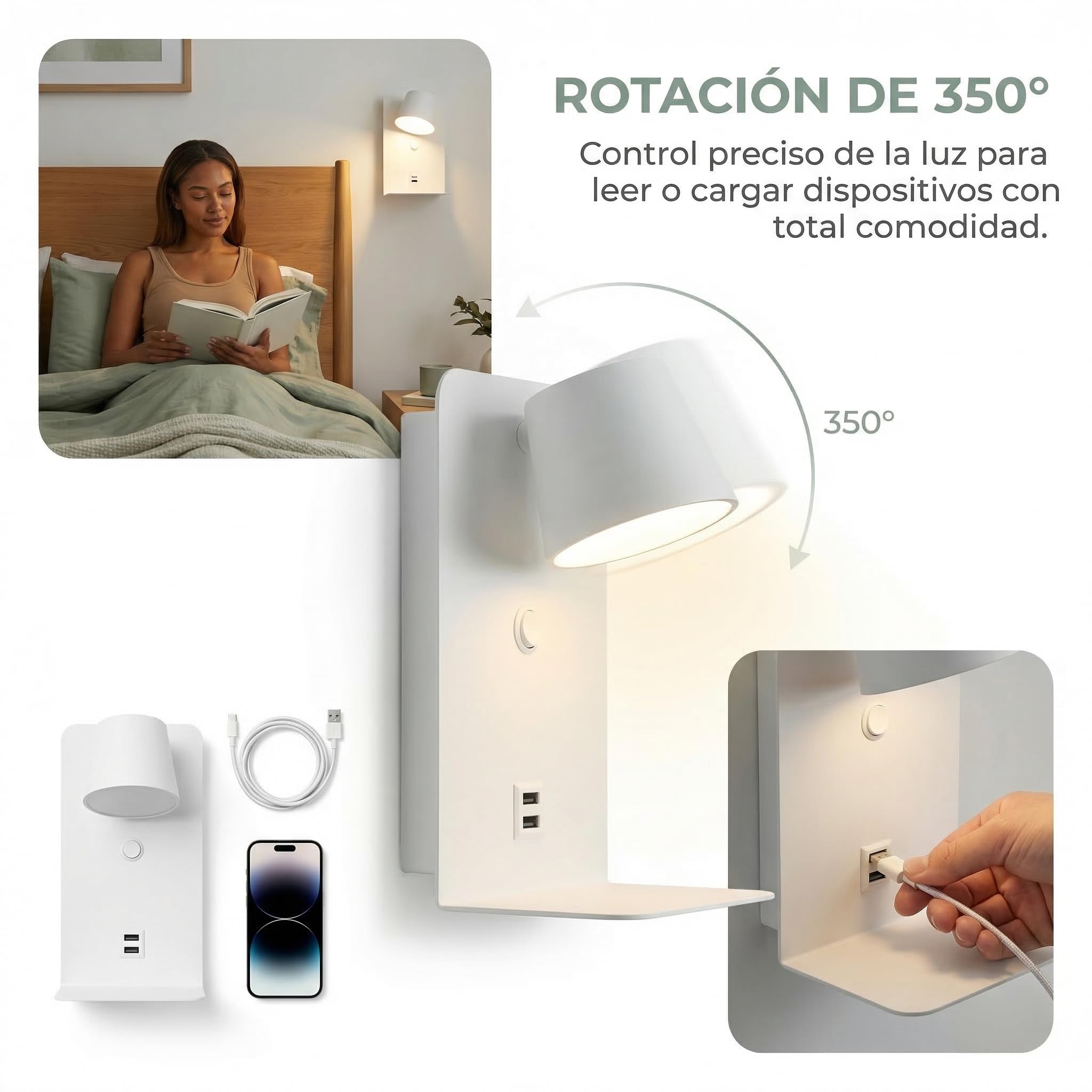 BARCELONA LED applique da parete LED bianca con USB e USB-C, lampada da lettura 6W orientabile 350°, con mensola per telefono, luce calda 2700K, per camera da letto, ufficio, scale, sala pranzo