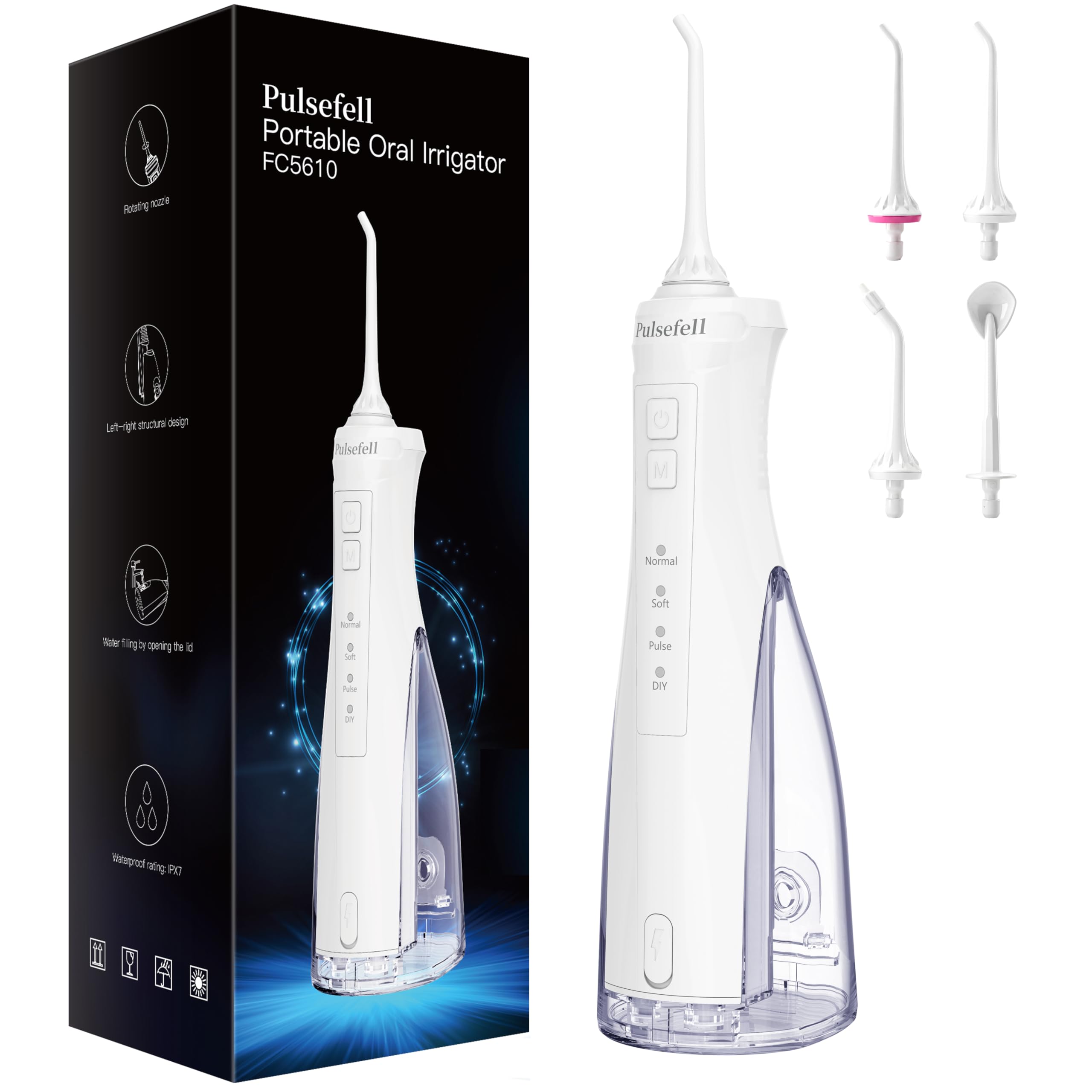 Irrigador Dental Portátil, 300 ML Water Flosser Recargable por USB Inalámbrico con 4 Boquillas y 4 Modos, Impermeable IPX7 para Hogar y Viajes (Blanco)