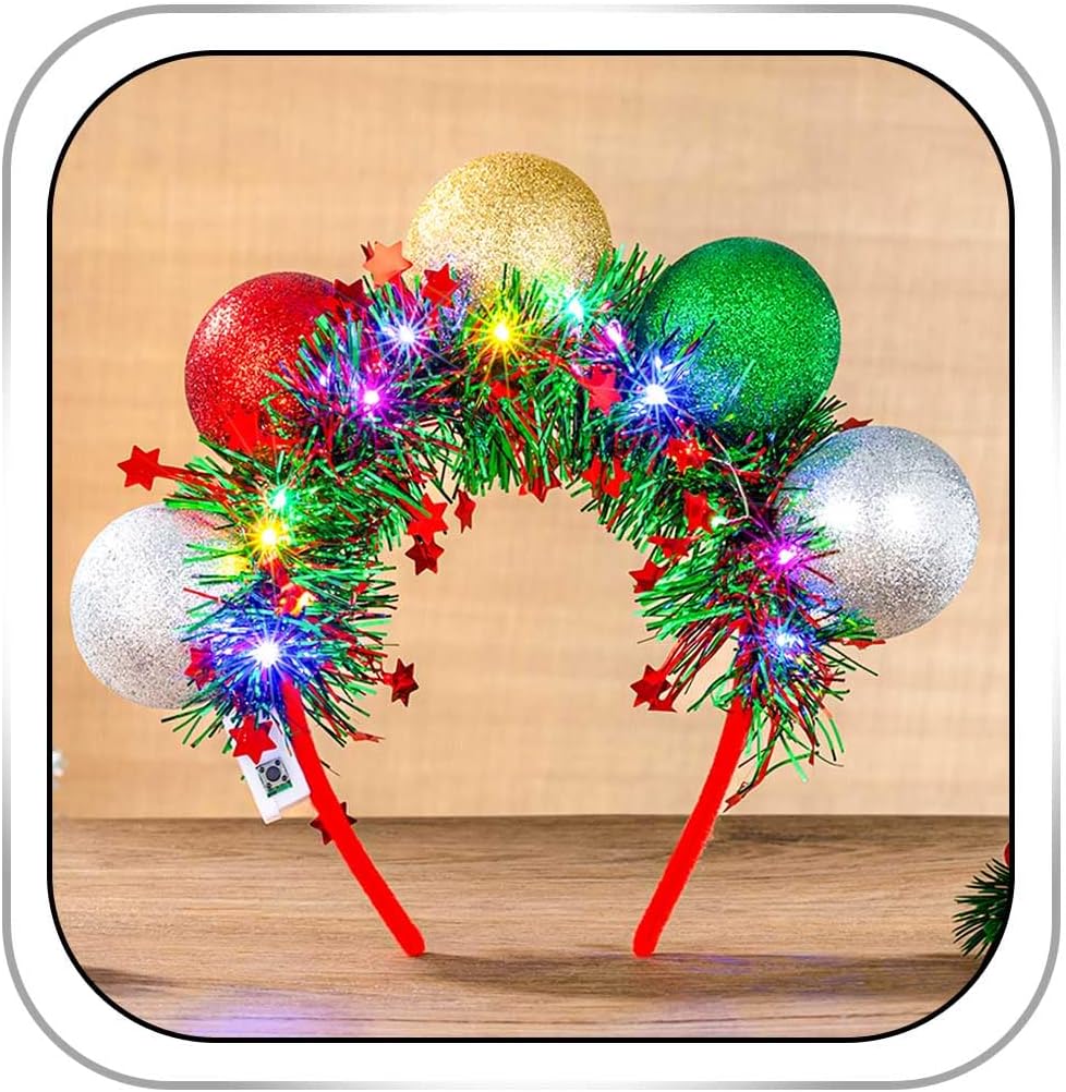 Light Up Christmas Headband Colorful Ball Tinsel Hairbands Glowing Xmas Headpieces Holiday Party Hair Accessories for Women