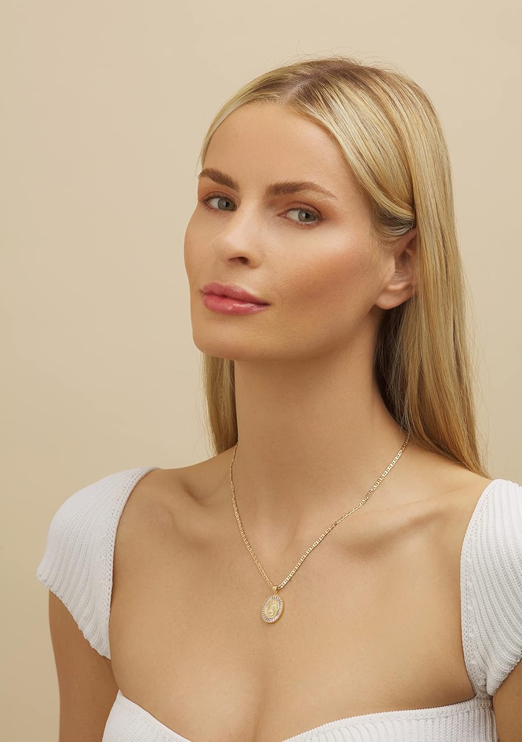 Barzel 18K Gold Plated Flat Mariner/Marina 060 3MM Chain Necklace With Cubic Zirconia Virgin Mary Guadalupe Charm Pendant - Image 2