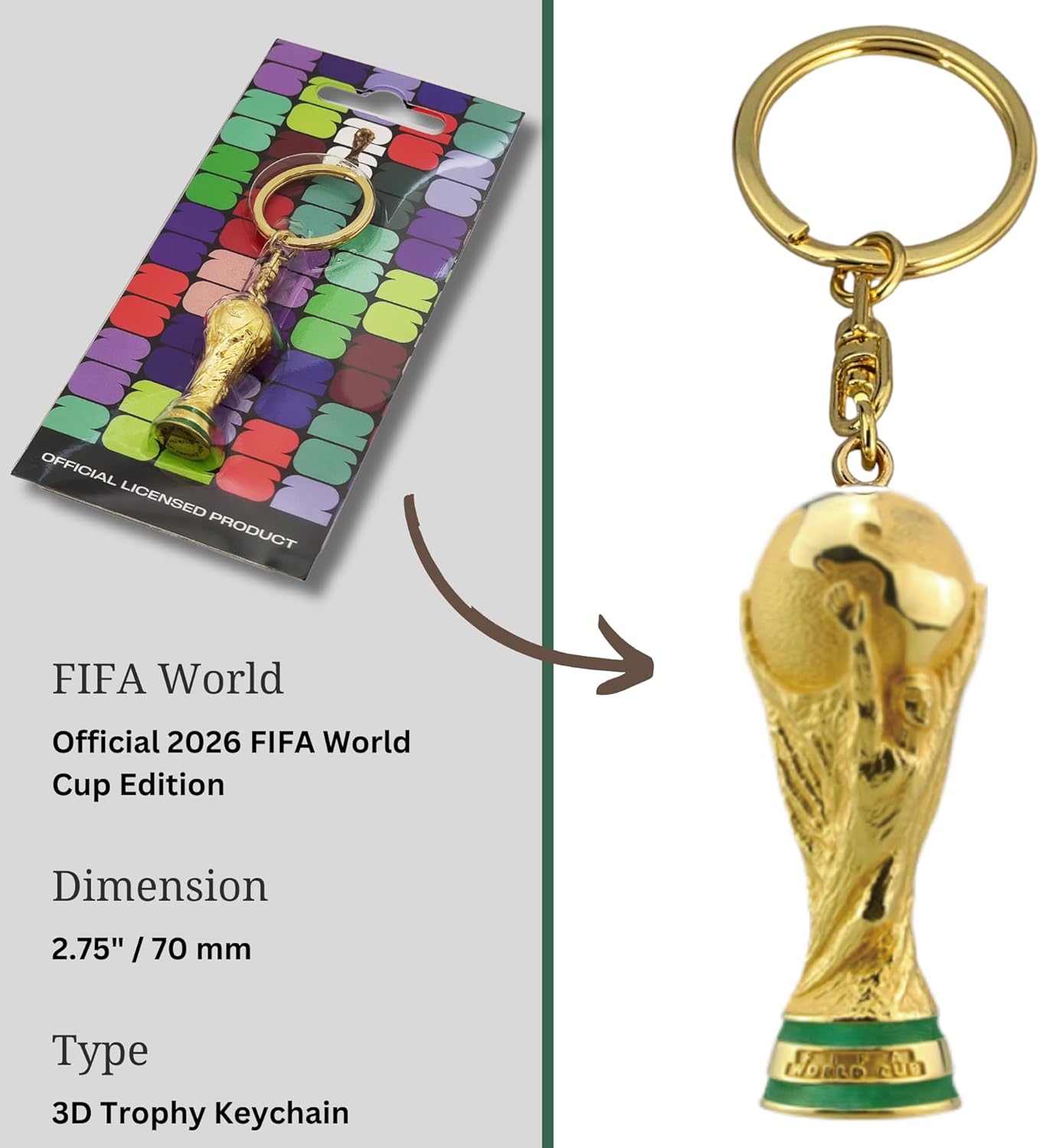 Official FIFA World Cup 2026 Edition - 1.7 inch 3D Rotating FIFA Trophy Keychain - Collector’s Edition Item - Premium Zinc Alloy & Acrylic; Perfect for Keys, Gym Bags & Backpacks - Image 2