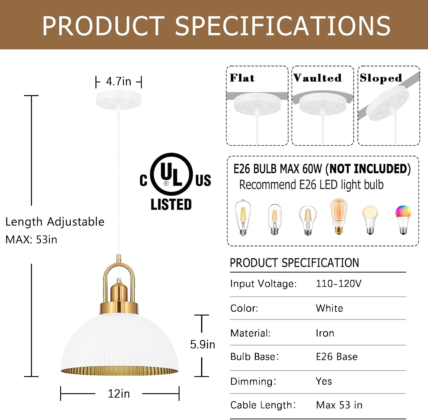 Pendant Lights Kitchen Island, Black Metal Farmhouse Pendant Light Fixtures, 11.8" Industrial Modern Hanging Pendant Lights for Kitchen Island Dining Room Bedroom Cafe bar (White/Gold, 1 Pcs)
