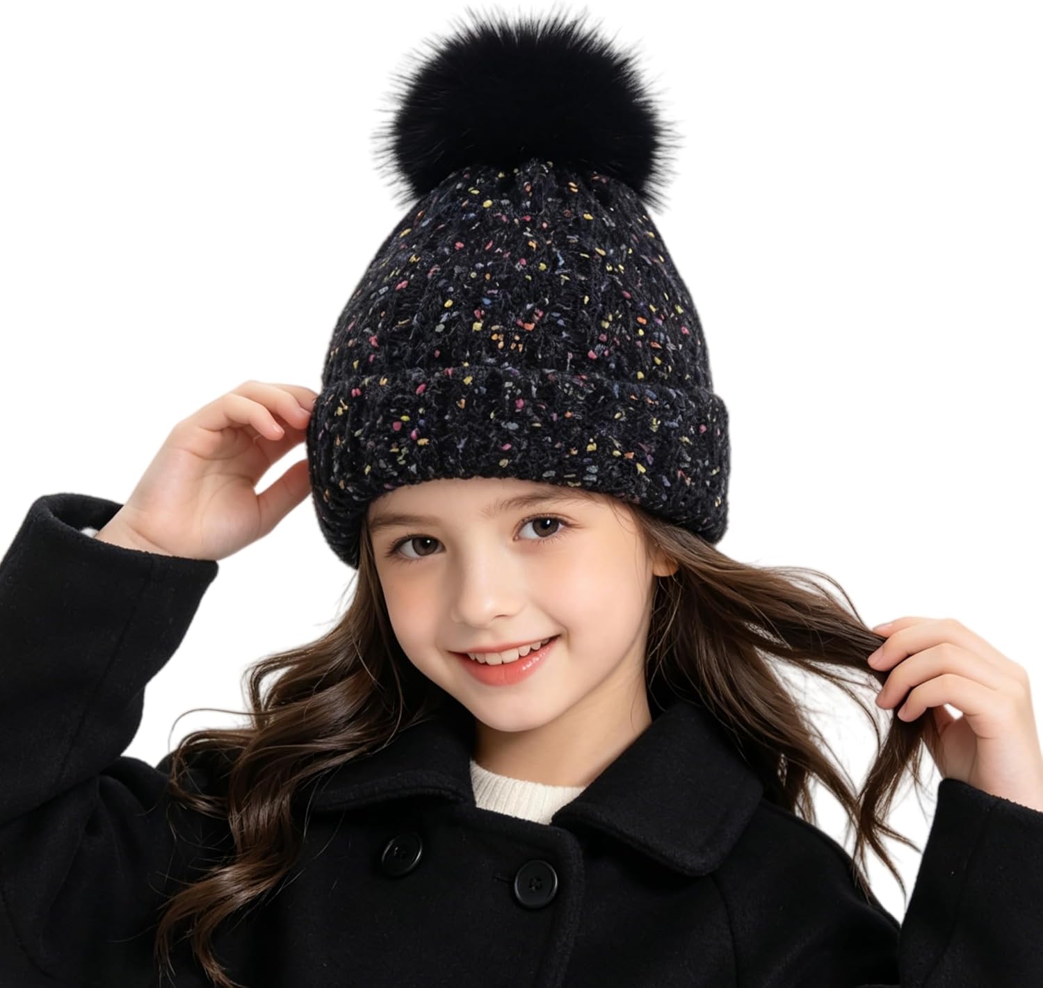 Winter Knit Beanie Hat for Girls Women Parent-Child with Faux Pom Warm Fleece Lined
