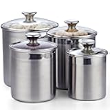 Stainless Steel Food Jar Storage Canister Set Large 4-Piece, 1.6qt/2.5qt/3.5qt /5qt Airtight Containers with Glass Lid for Tea Coffee Sugar Flour Pantry Kitchen Counter