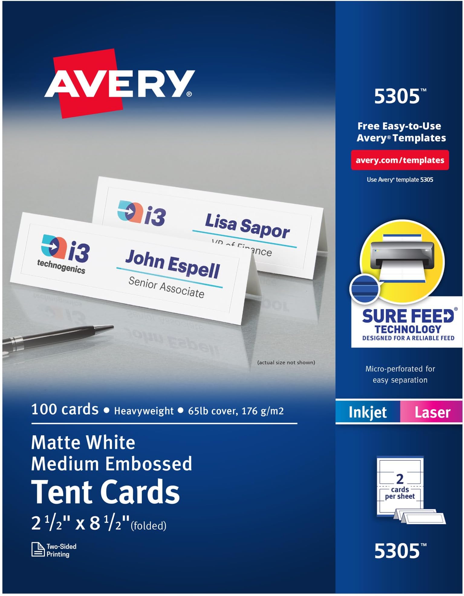 Avery Printable Tent Cards with Sure Feed Technology, 2-1/2" x 8-1/2", Matte White with Embossed Border, 100 Blank Place Cards for Laser and Inkjet Printers (5305)