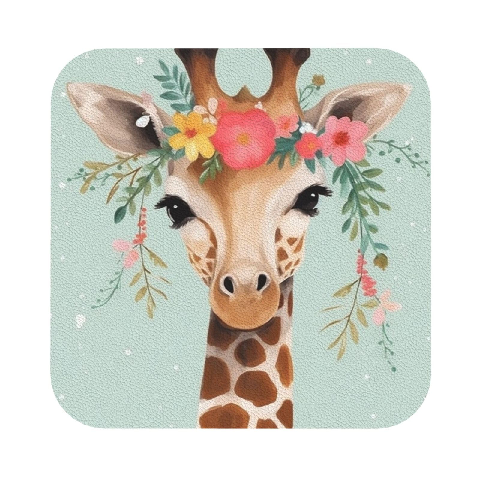 Fodpand Square Giraffe With Floral Drink Coasters Set Of 4, Heat Resistant Leather Coasters Fuuny Bar Beer Beverage Coaster For Drinks, Absorbent Cup Mat For Tabletop Protection, Housewarming Gift