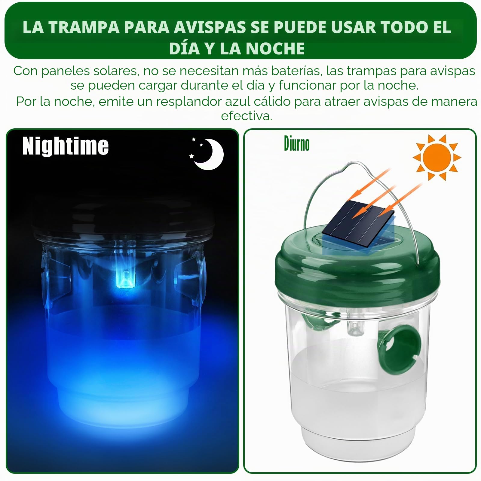 Trampa para avispas, paquete de 2 trampas para avispas para colgar al aire libre, reutilizables, impermeables, trampas para avispa chaqueta amarilla con luz LED, trampas eficaces para avispones