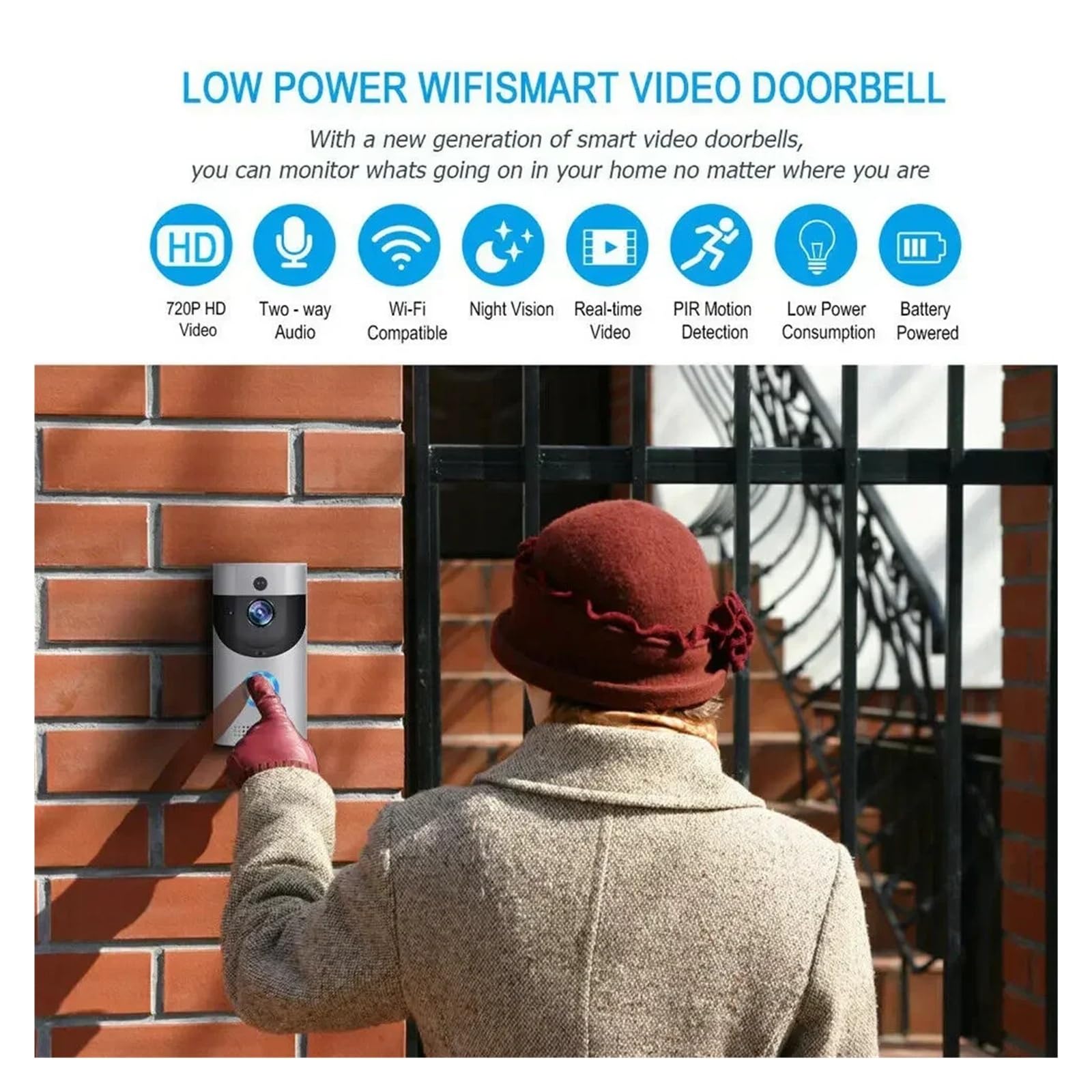 720P HD Inteligentny dom Bezprzewodowy dzwonek do drzwi WIFI Kamera Bezpieczeństwo Wideodomofon IR Dzwonek do drzwi z noktowizorem Szeroki widok(Nero)