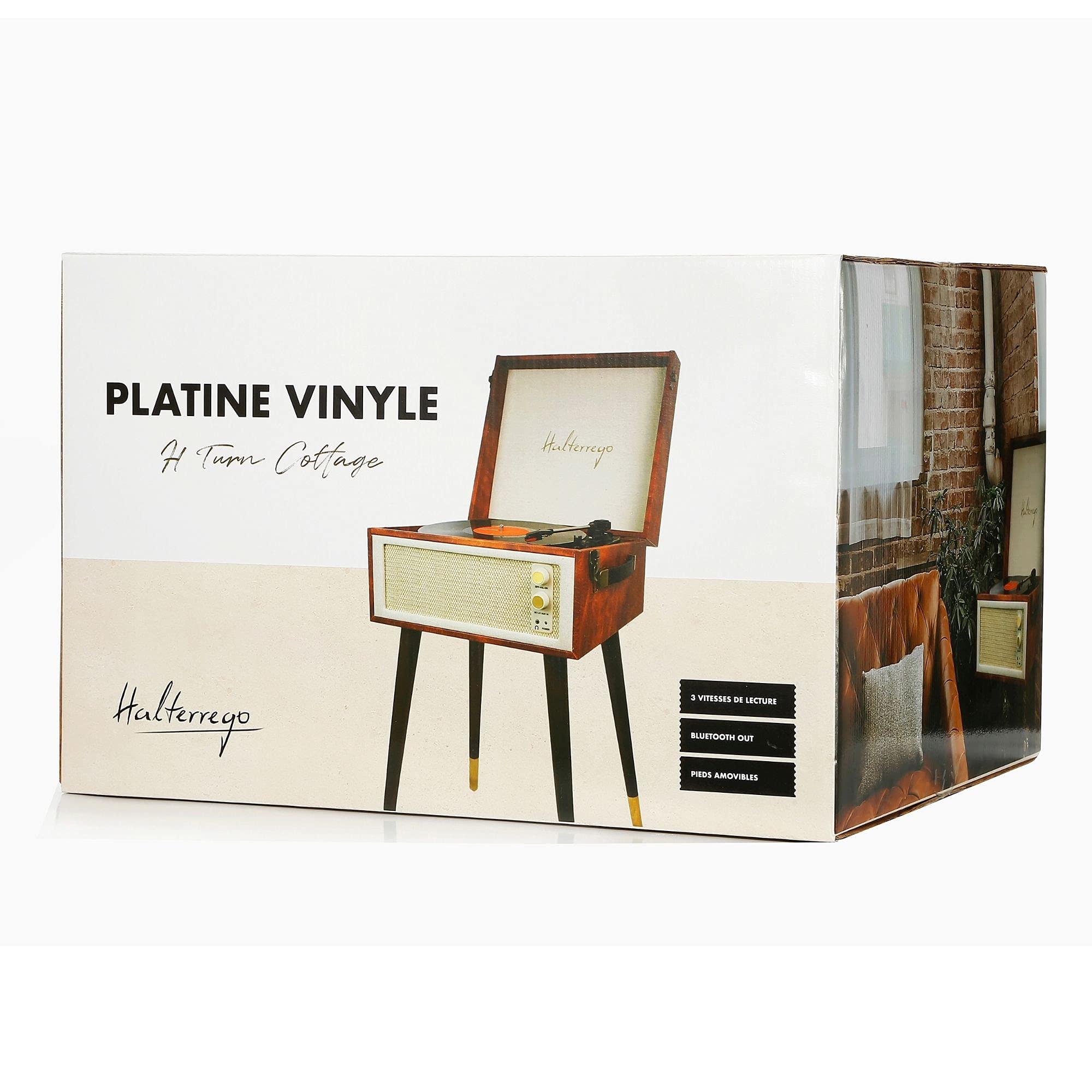Halterrego Platine Vinyle Cottage Bluetooth Out 4 Pieds Amovibles Motif Cuir Vintage