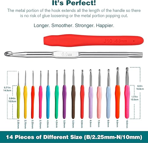 Miniatura 3 de YOJOB Juego de ganchos de ganchillo de 14 tamaños de 0.097 a 0.394 pulgadas, ganchos ergonómicos de ganchillo con suministros de ganchillo y