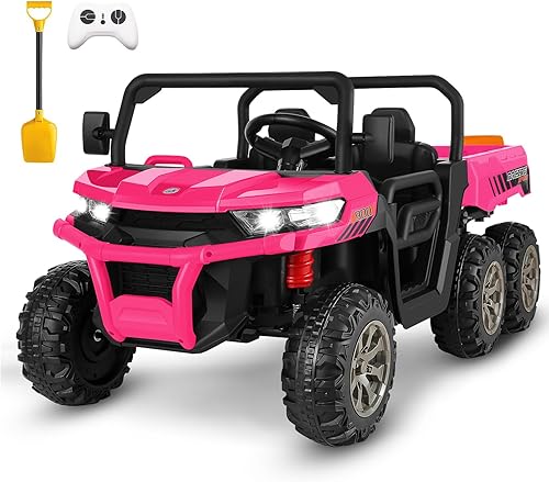 Hikole UTV de 2 plazas para niños, 24 V, 6 x 6, 4 WD, con control remoto, cama volquete, pala extra, 3 velocidades, música, juguetes de paseo de 24
