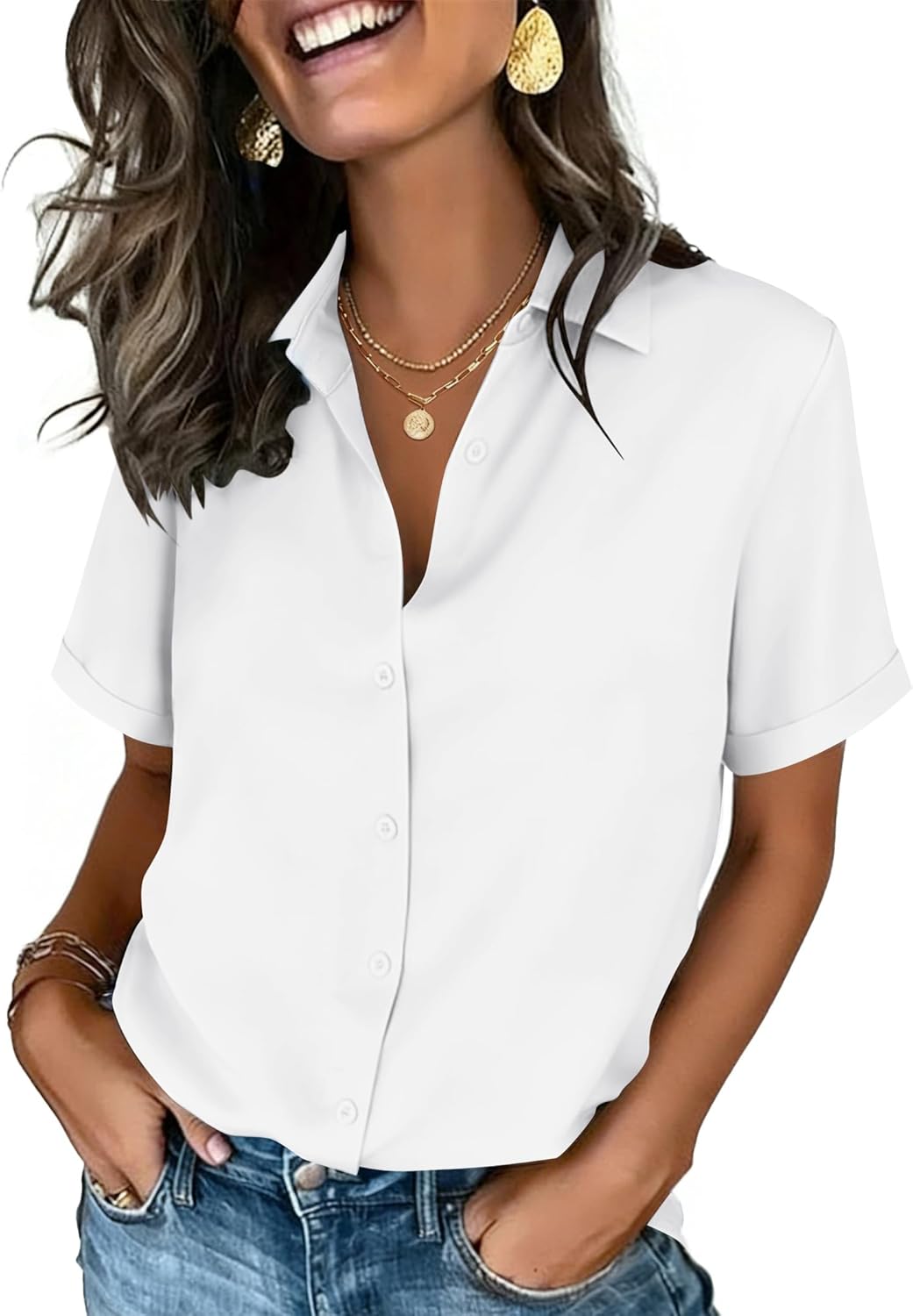 Zeagoo Button Down Shirts for Women Short Sleeve Collared Tops Dressy Casual V Neck Blouses