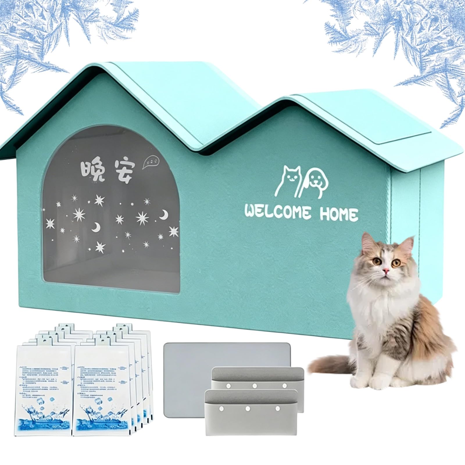 Cat Cooling House with 10 Reusable Ice Packs, Pet Cooling House with Air Conditioning, Weatherproof Insulated, Transparent Window Design, Foldable Pet Shelter for Travel, Apartment (Green,L)