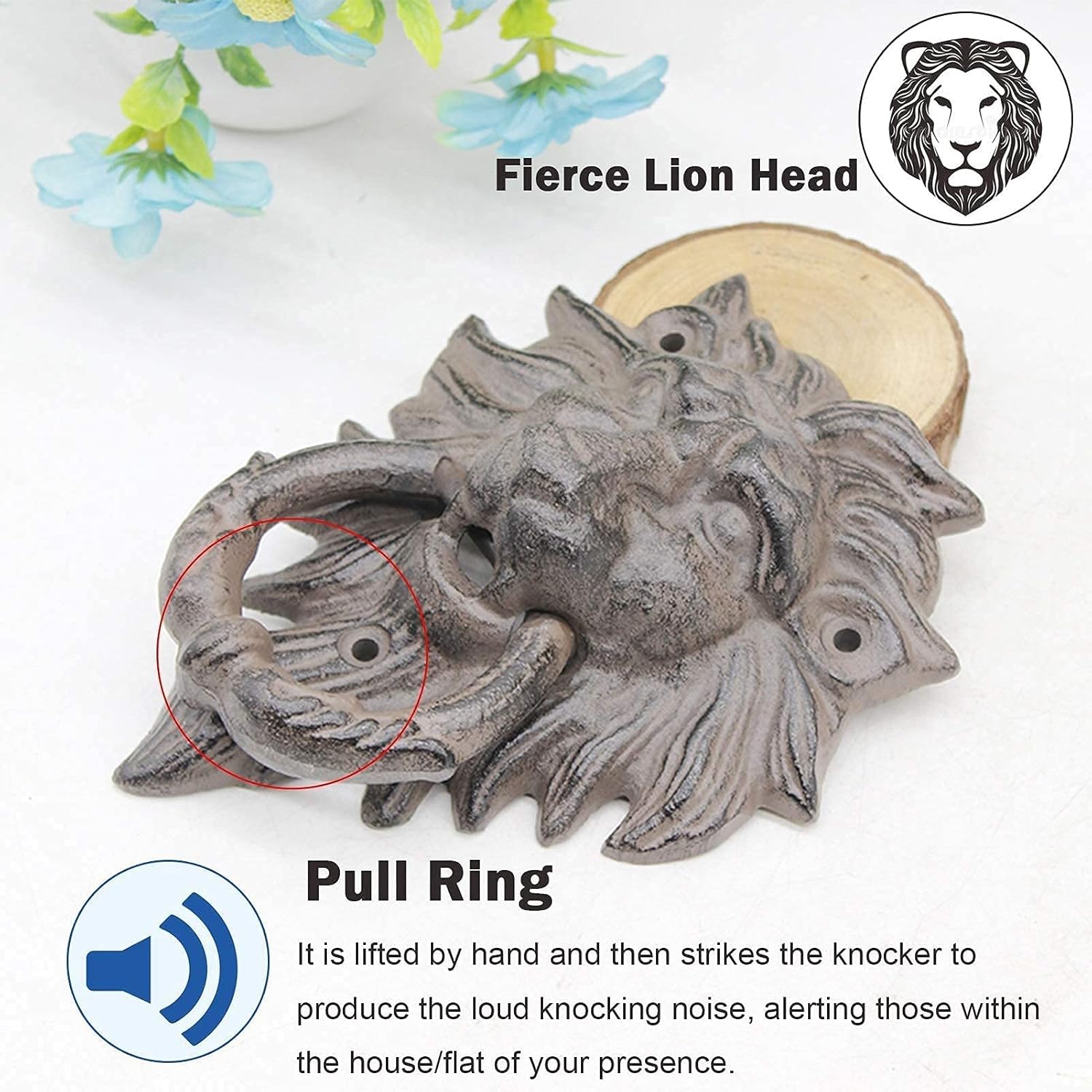 Luxury Wall Decor Restorer Supply Exterior Lion Head Door Knockers Solid Cast Iron Gate Knocker Classic Lion Hair Handle Lightweight Shackles for Patio Window Front Door Handcrafted Home Dec (13 × 4