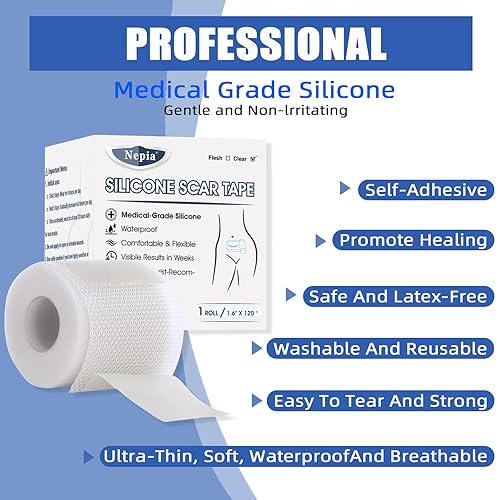 Miniatura 2 de Nepia Hojas de silicona para cicatrices de 1.6 x 120 pulgadas, rollo (3M)  Grado médico  Cinta de cicatriz reutilizable para aplanar y decolorar