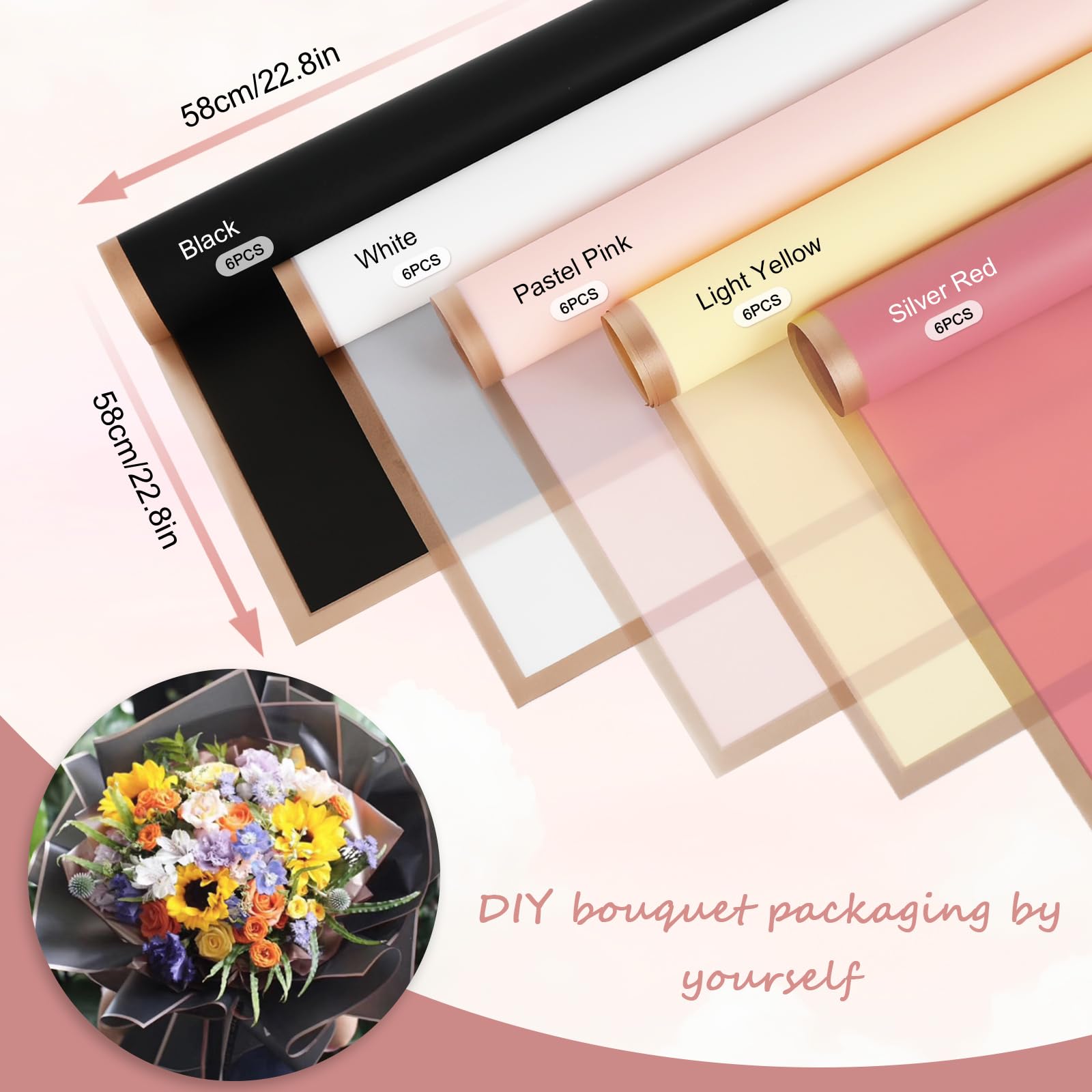 JOYIT 60 Sheets Pink Flower Wrapping Paper Bouquet - Flower Bouquet Wrapping Paper With Ribbon And Cards, Waterproof Flower Paper Wrap For Wedding, Birthday, Flower Shop(22.8''x 22.8'') - Walmart Supplies - View #4