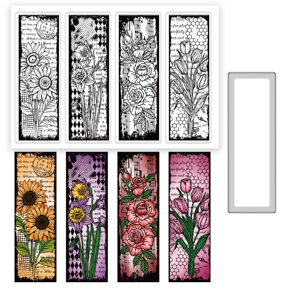 INFUNLY Vintage Bookmark Clear Stamps and Dies for Card Making Sunflower Rose Stamps and Die Cuts Flower Words Silicone Stamp Rectangular Embossing Template for DIY Scrapbooking Album Journal Decor