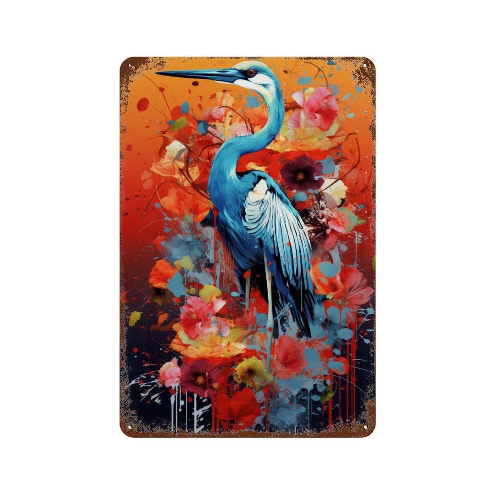 Colorful Heron Art Print Decorative Tin Sign 11.8"x7.9", for Farmhouse, Kitchen And Entryway Decor, Vintage Wall Decor