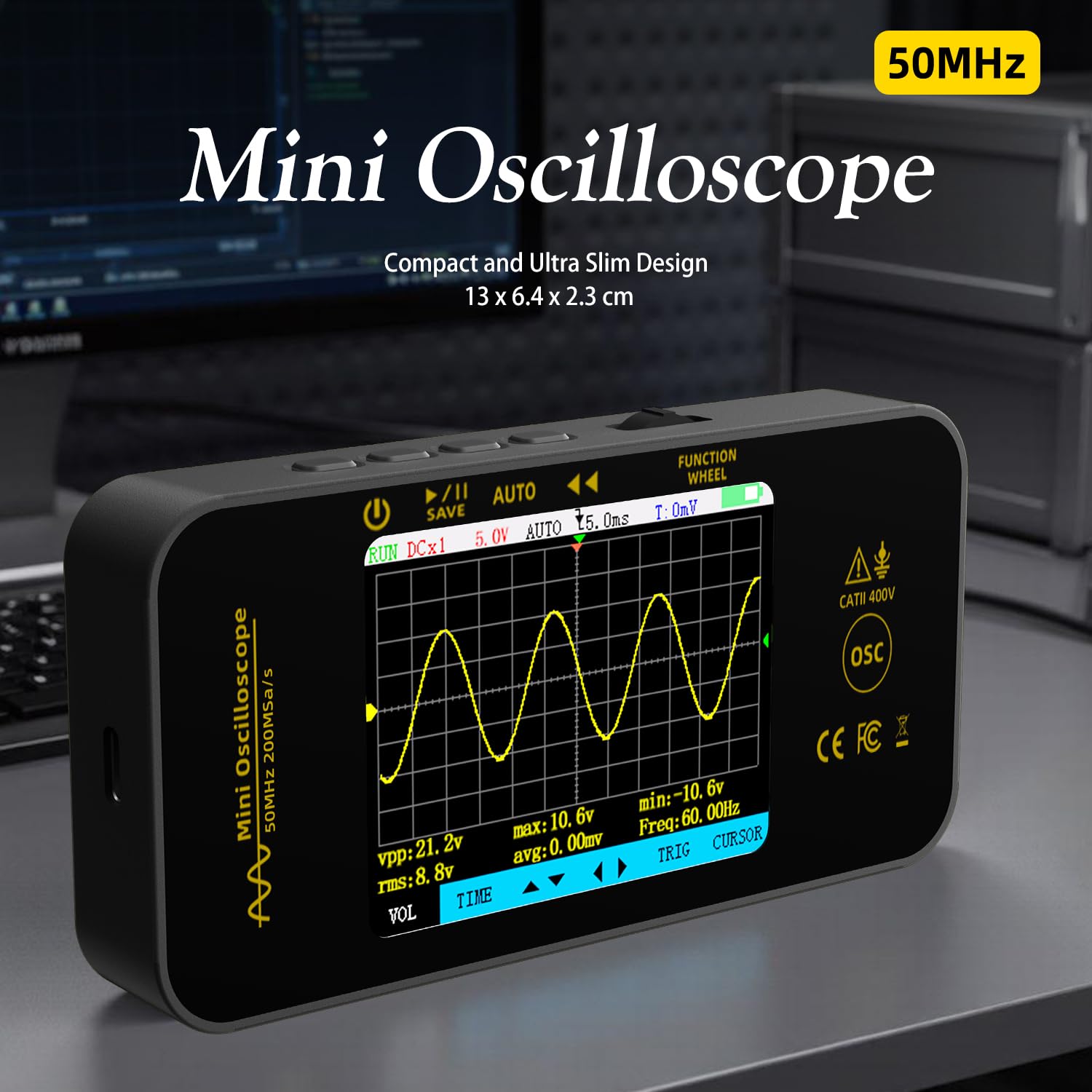 BSIDE OT5 Handheld Digital Oszilloskop Klein Mini 50MHz Bandbreite 200MSa/s Abtastung Tragbares Oszilloskop Wiederaufladbar Ultraflach mit 3.2 Zoll Full View Farb-LCD für KFZ Audio Elektronik