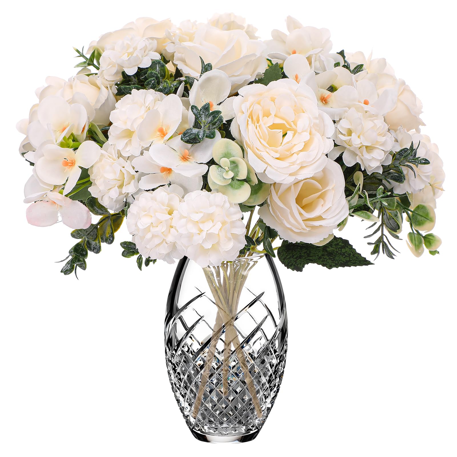 3 Bunches Artificial Roses Peonies White Artificial Flowers, Fake Faux Flowers Bouquet Hydrangea Silk Flores Artificiales for Vase Wedding Party Centerpiece Home DIY Decoration Arrangement -White
