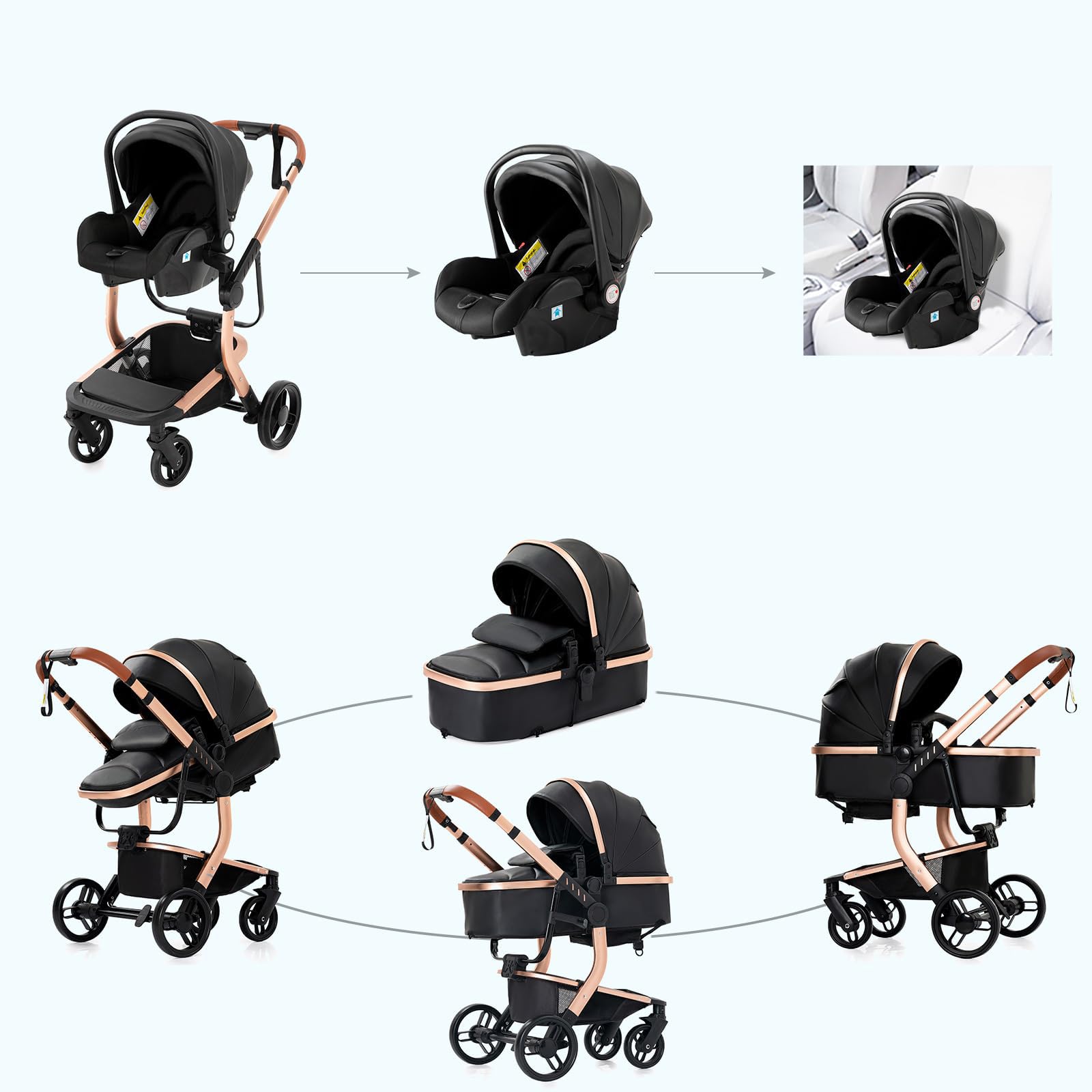 Nine point nine Pelle PU Trio Passeggino Neonati, Passeggino 3 in 1 con Doppia Modalità Spinta Reversibile, Carrozzina per Neonati con Grande Nacelle, Passeggino Trio Telaio in Alluminio (518 Black)