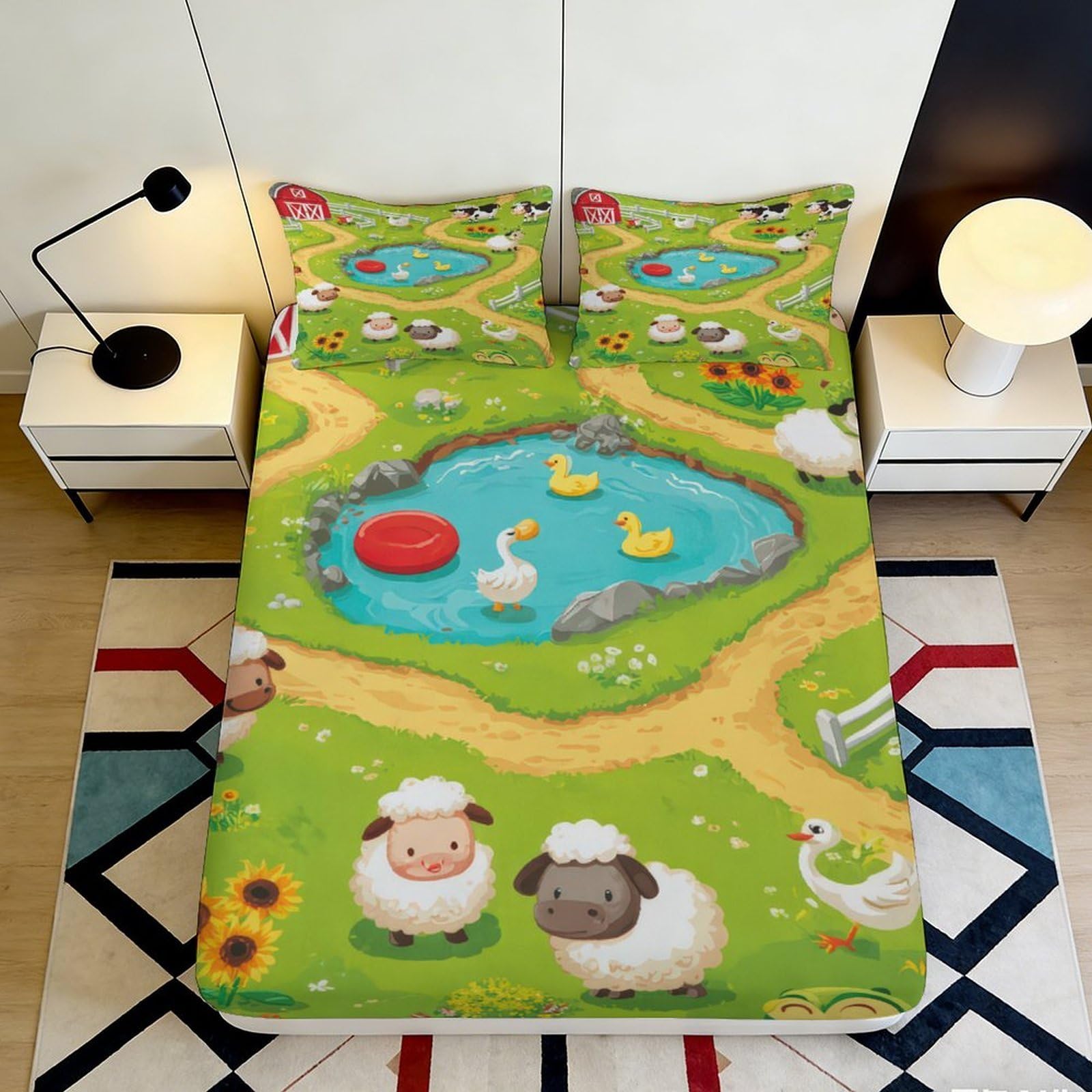 3D Printed Pastoral Sheep Fitted Sheet Microfiber Soft Farm Pond Mattress Cover for Bedroom Dorm Decor 90x200x25cm