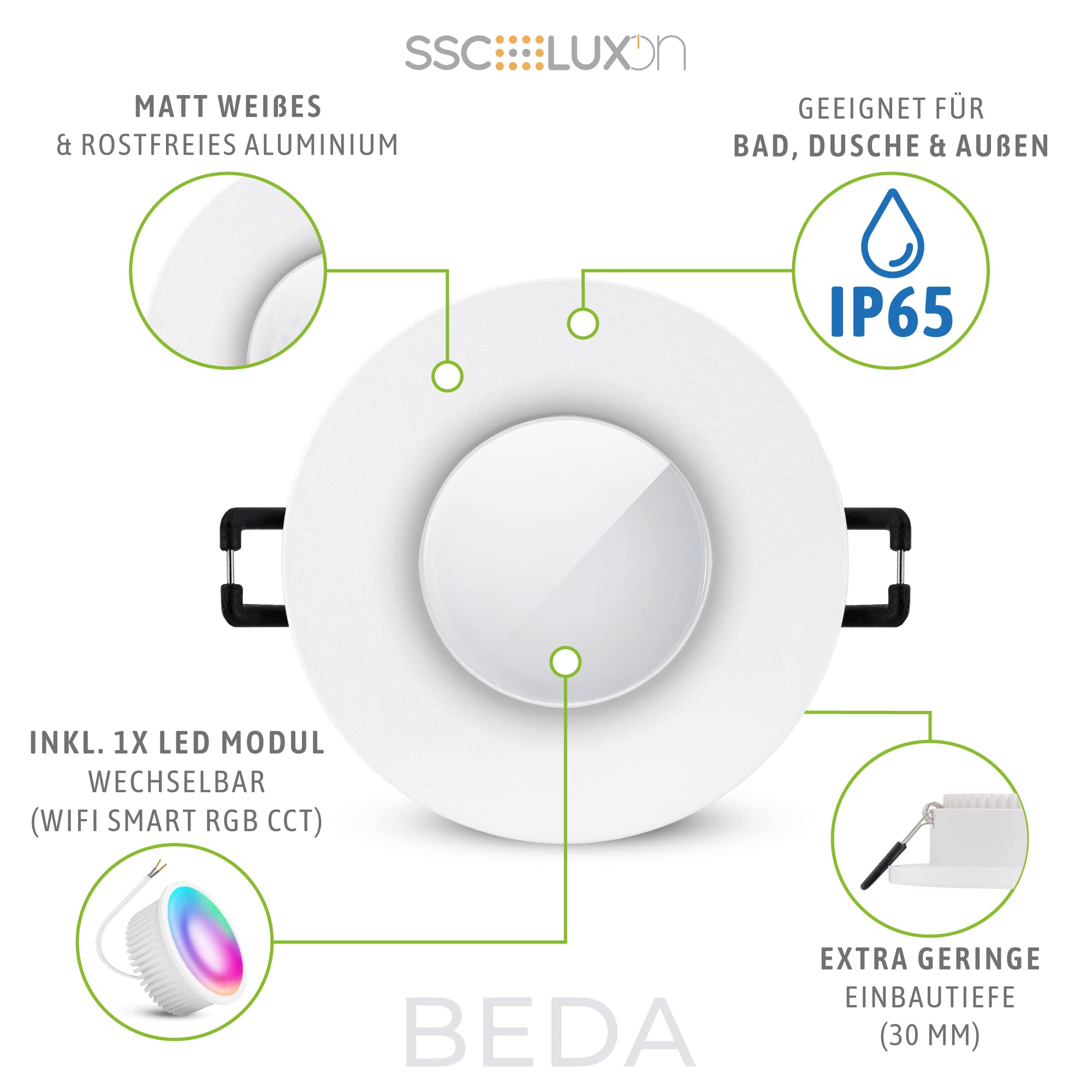 SSC-LUXon 3x BEDA Bad Einbaustrahler IP65 flach dimmbar Smart inkl. WiFi LED Lampe (RGB & Weißtöne) - Spot kompatibel mit Alexa, Siri & Google