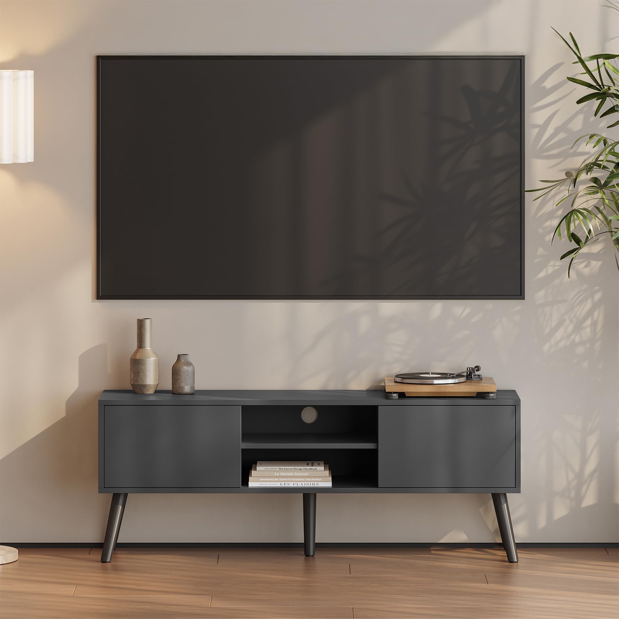 [en.casa] Mesa de Tele Eskilstuna 120 x 29,5 x 46,5 cm Soporte de Televisión Cómoda Mueble de salón para TV 2 Puertas y 2 Estantes Abiertos 5 Patas Almacenamiento Gris Oscuro y Negro