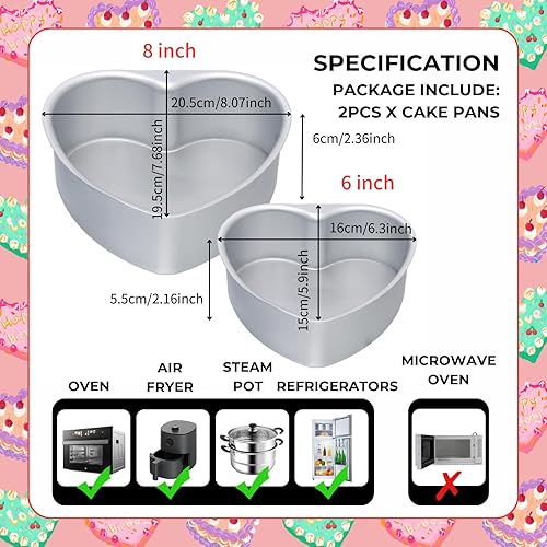 Miniatura 6 de beyonday 2 moldes para pasteles en forma de corazón con parte inferior extraíble, bandejas de aleación de aluminio de 6 y 8 pulgadas para