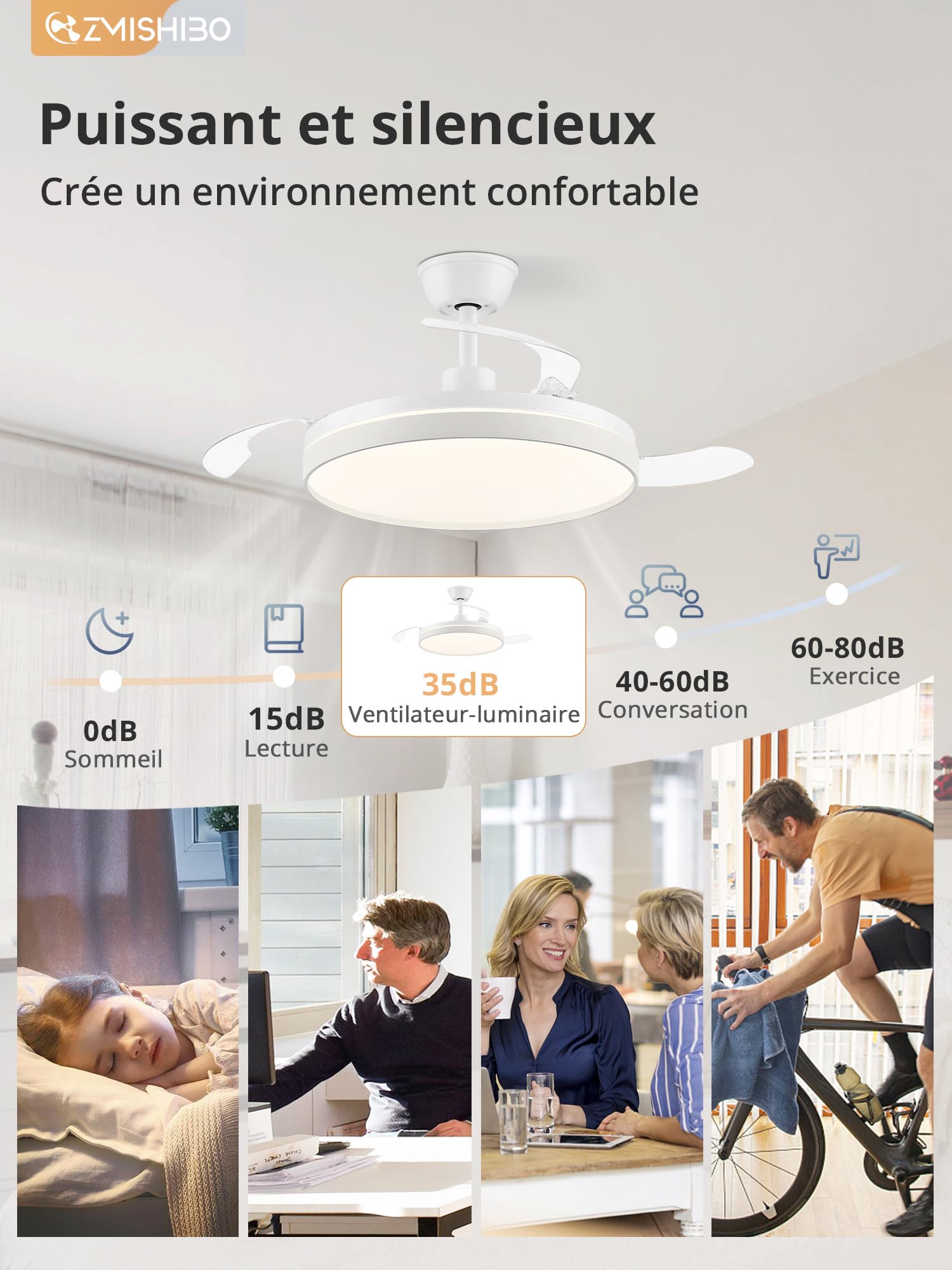 ZMISHIBO – Ventilateur de plafond avec lumière 106 cm, pales rétractables invisibles, CCT 3000K–6500K, fonction été & hiver, moteur DC 30 W + LED 38 W, 6 vitesses, silencieux, minuterie 2 h/4 h, blanc