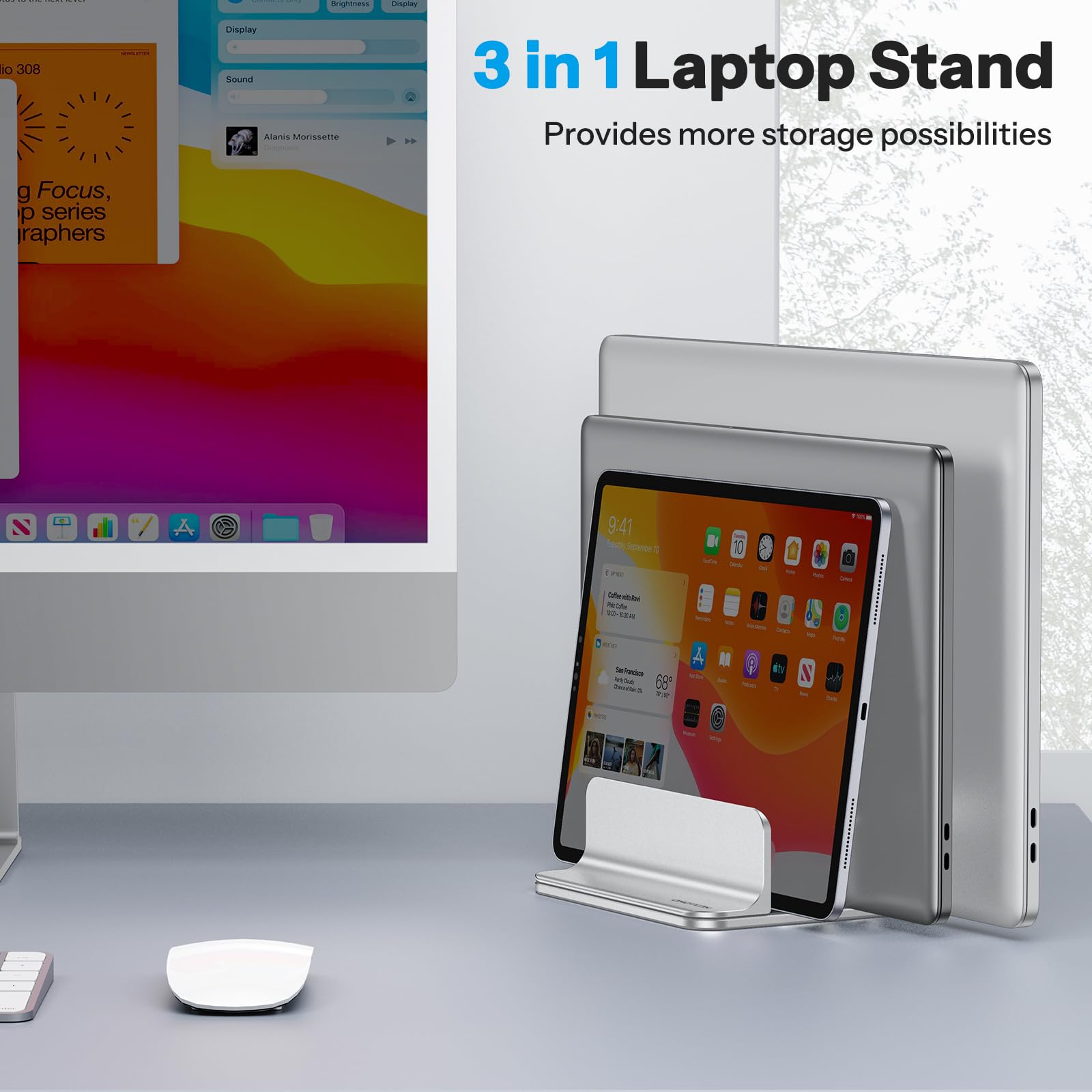 OMOTON Support Vertical pour Ordinateur Portable à 3 Emplacements, Support de Bureau en Aluminium, Dock Réglable, Compatible avec MacBook et Tous Les Ordinateurs Portables (jusqu'à 17,3''), Argent
