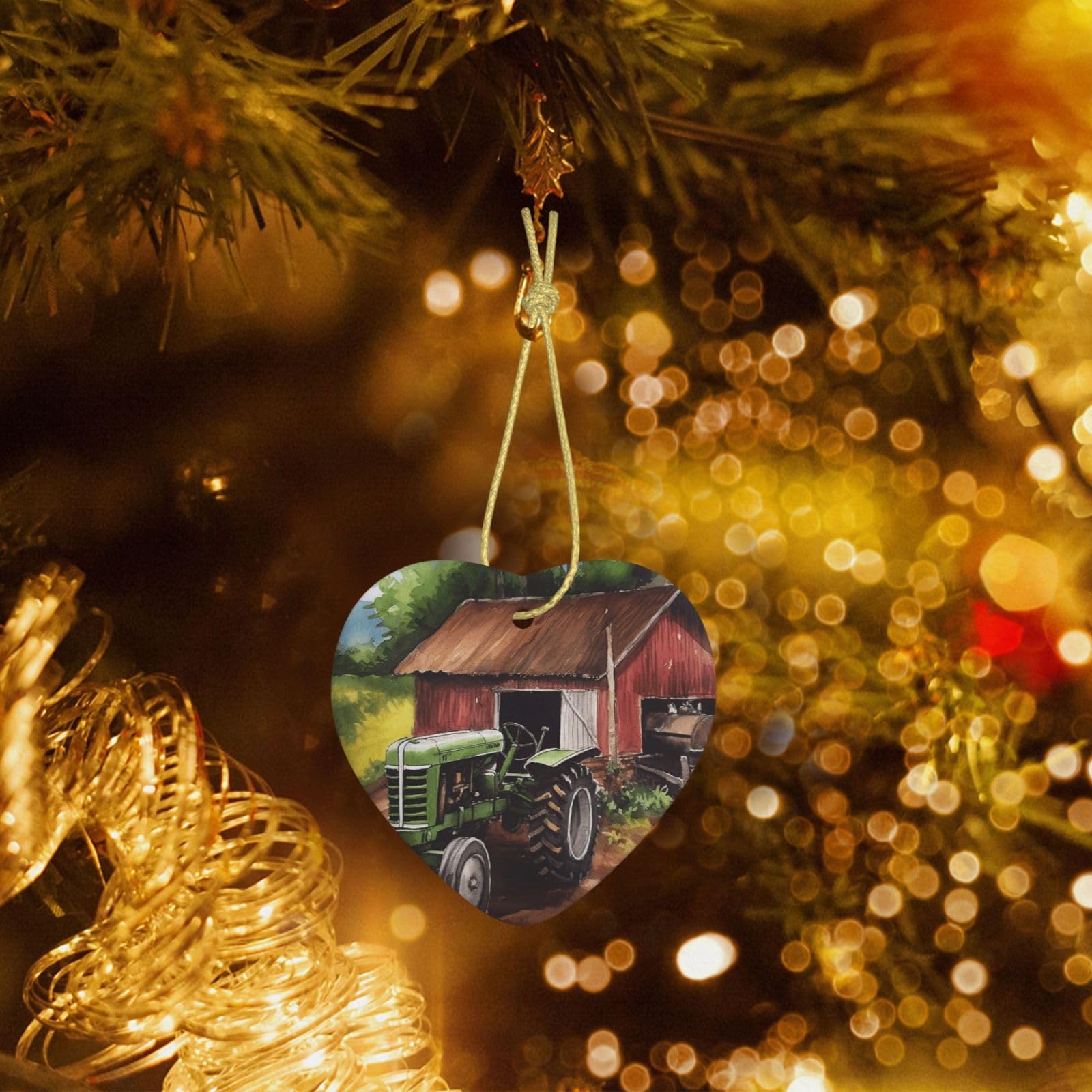 Christmas Heart Shaped Ornaments 1 Pcs, Double-Side Ceramic Xmas Tree Hanging Ornament with Gold String Tractor On The Farm Personalized Porcelain 2025 Christmas Pendent