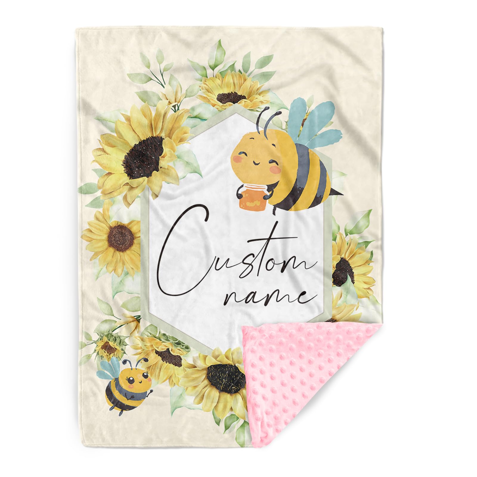 Personalized Newborn Blanket – Soft Flannel Receiving Swaddle with Double-Layer Dotted Backing – Bee and Yellow Flower Design