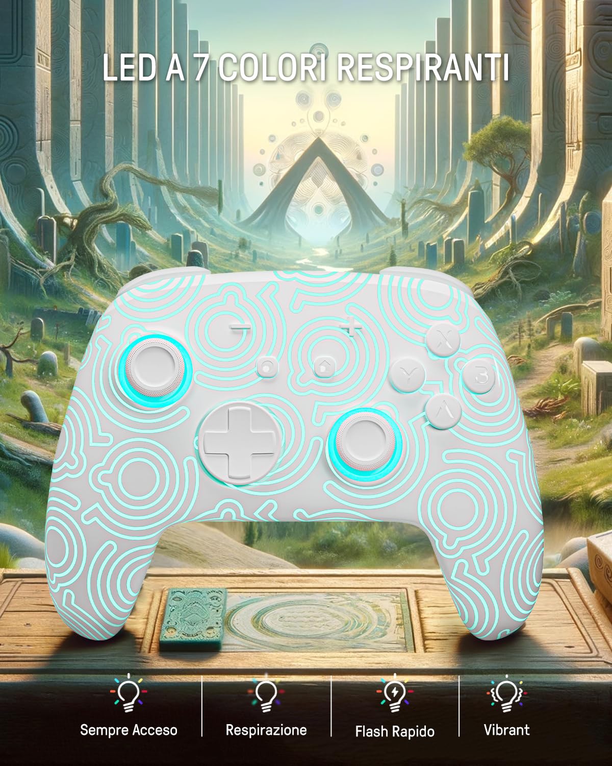 Firefly Controller Switch Wireless Compatible con Nintendo Switch 2/OLED/Lite, Switch Pro Controller Bluetooth con 7 LED Colorati/Turbo/Controllo Motorio - Bianco