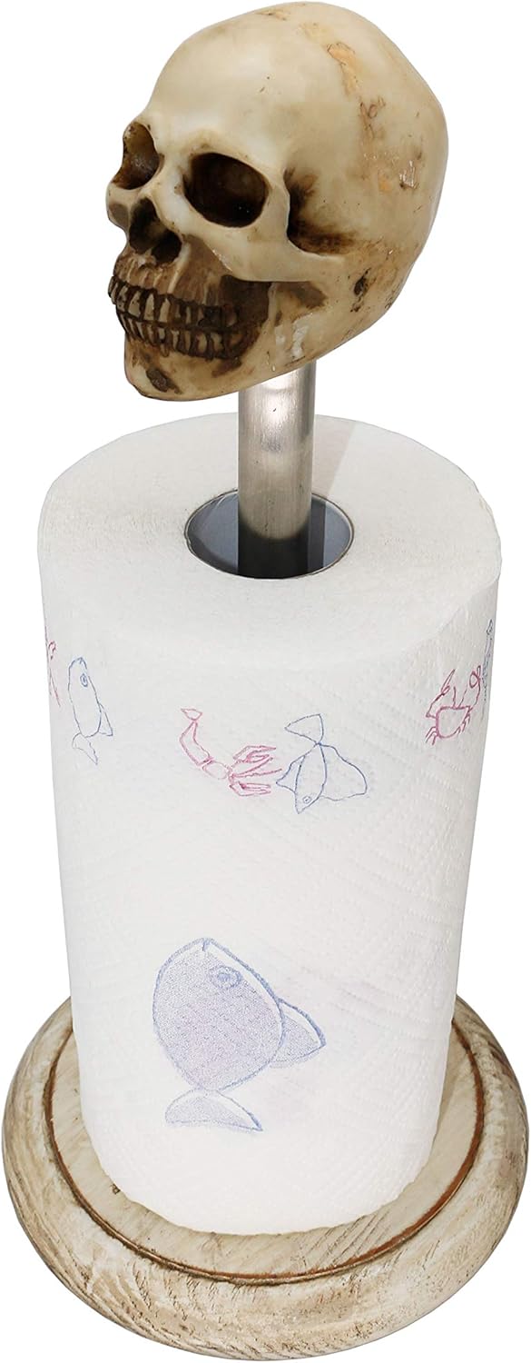 Rustic White Wood Skull Stand Up Paper Towel Holder, Easy One-Handed Tear Kitchen Paper Towel Dispenser with Weighted Base for Standard Paper Towel Rolls,Rustic White