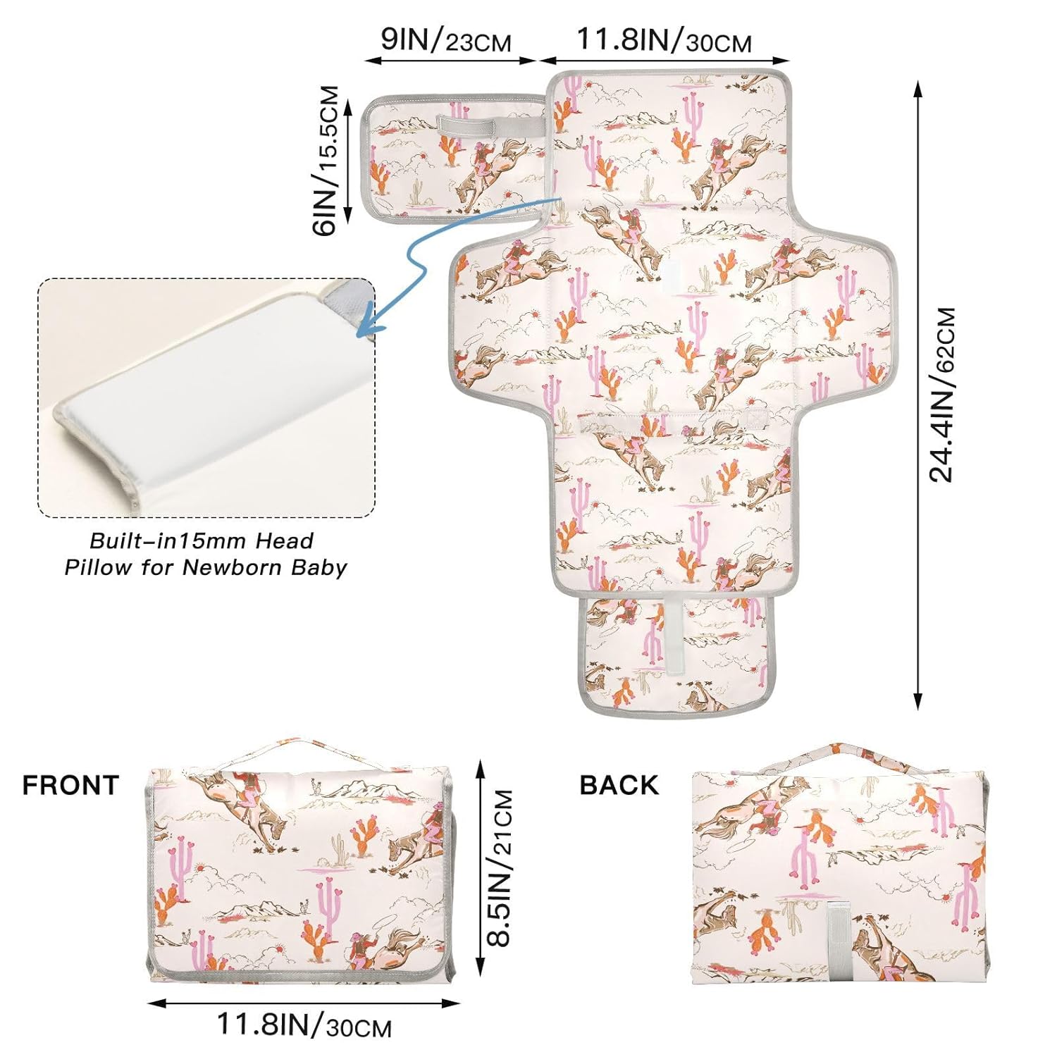Portable Changing Pad for Baby - Cute Rodeo Cowgirl Waterproof Diaper Changing Mat Travel Changing Pad with Built-in Pillow - Shower Gift for Baby image 4 of 7 B0D12LD1VX