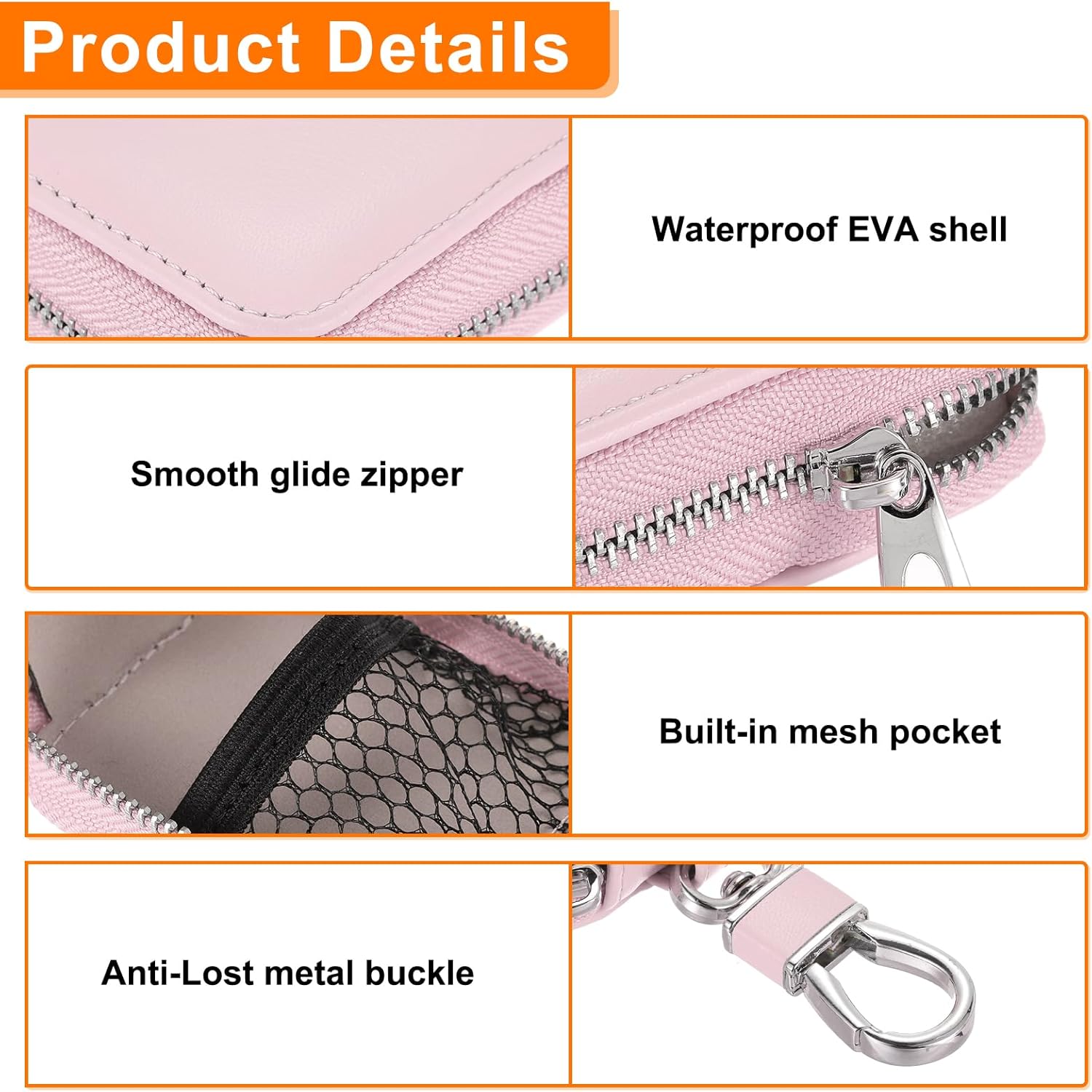 HARFINGTON Earbuds Cases, Earphone Case Holder, PU Leather Ear Buds Case Zipper Organizer Small with Mesh Pocket for USB Cable, Wireless Wired Earphones, Pink - Image 5
