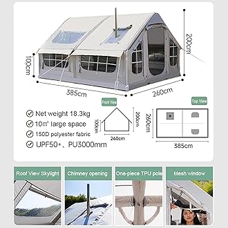 Inflatable Tents for Camping 6-8 Person, Pop Up Blow Up Tent with Chimney Opening & Skylight & Pump, 4 Season Glamping Tents Large Outdoor Family Luxury Big Air House Tent