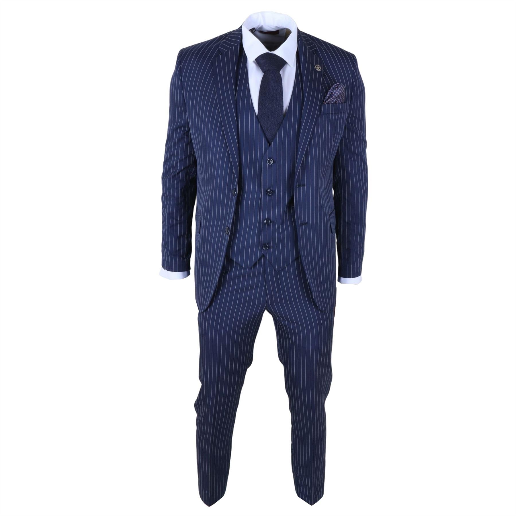 Truclothing Men's Blue Classic Pinstripe 3 Piece Suit Navy Tailored Fit Formal Set - 48