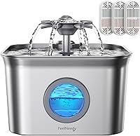 FEELNEEDY Stainless Steel Cat Water Fountain 2.8L Ultra-Quiet 20dB Pump for Timid Pets Dishwasher Safe 4-Stage Filter