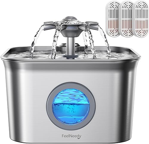 Fuente de agua para gatos de acero inoxidable para beber con 3 filtros, fuente de bebida automática para mascotas de 2.8 L para gatos con bomba